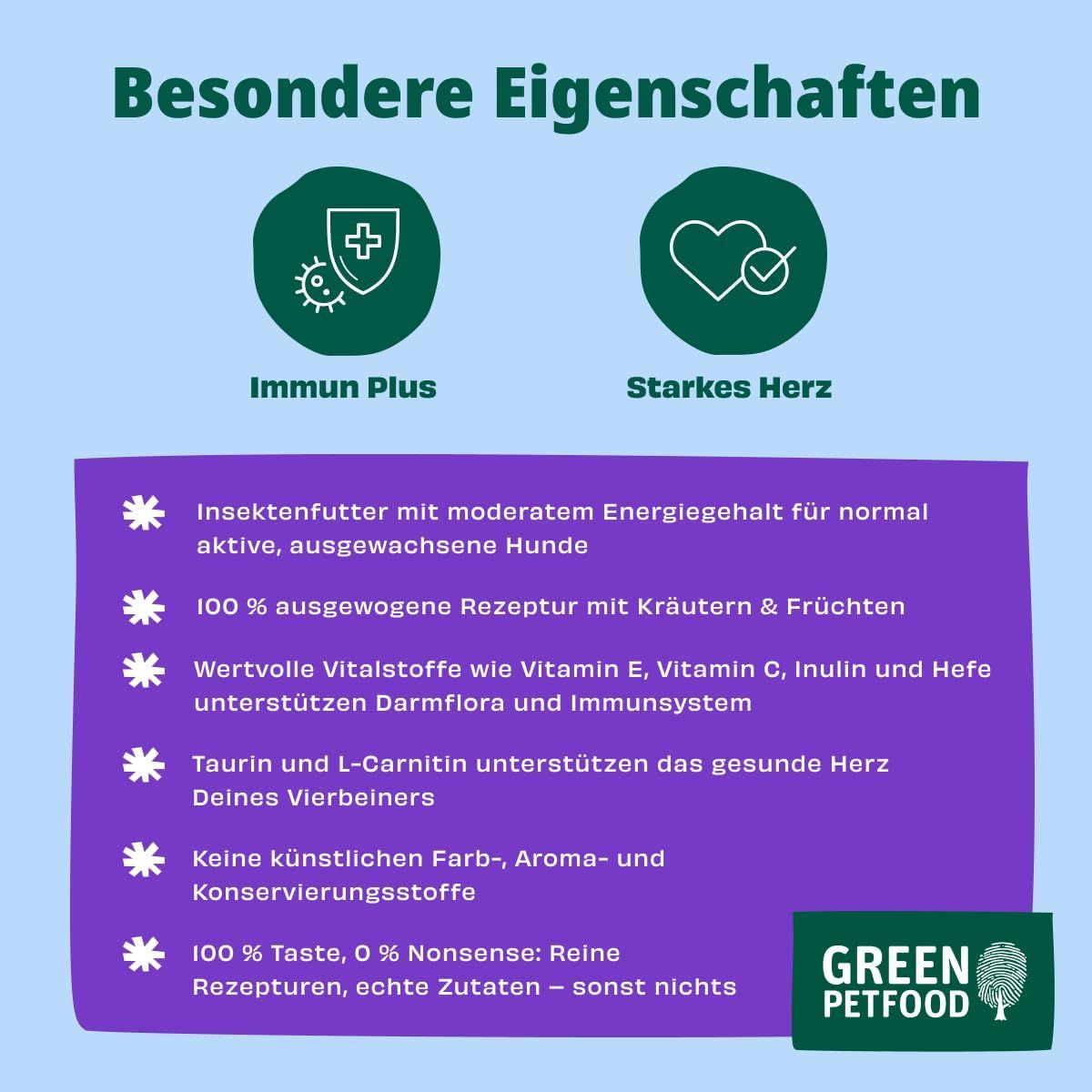 Besondere Eigenschaften von Green Petfood Insect Dog Vitality: Immun Plus und Starkes Herz.