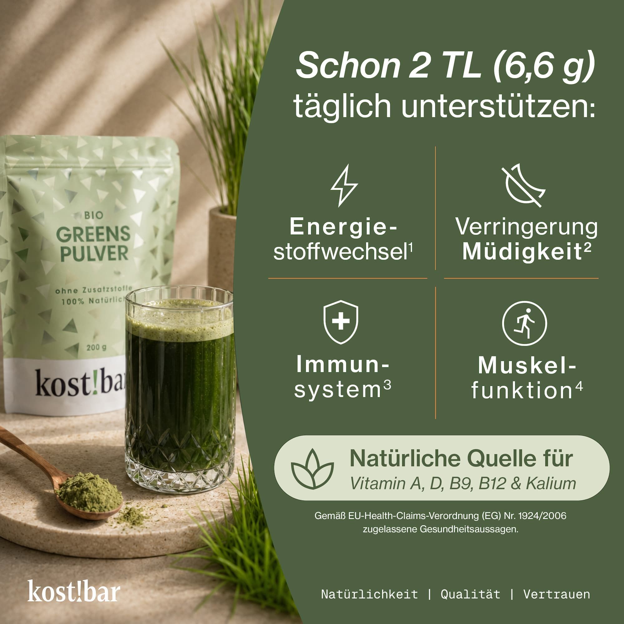 Bio Greens Pulver von kost!bar unterstützt Stoffwechsel, Immunsystem und Muskelfunktion. Natürliche Quelle.