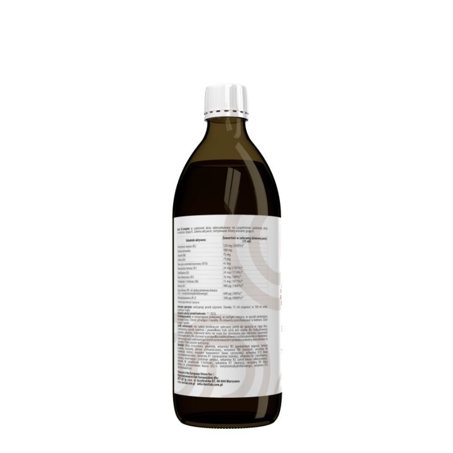 Rückseite einer braunen Glasflasche mit "BEST LAB B-COMPLEX". Aufschrift mit Nährwertangaben und Vitaminen.