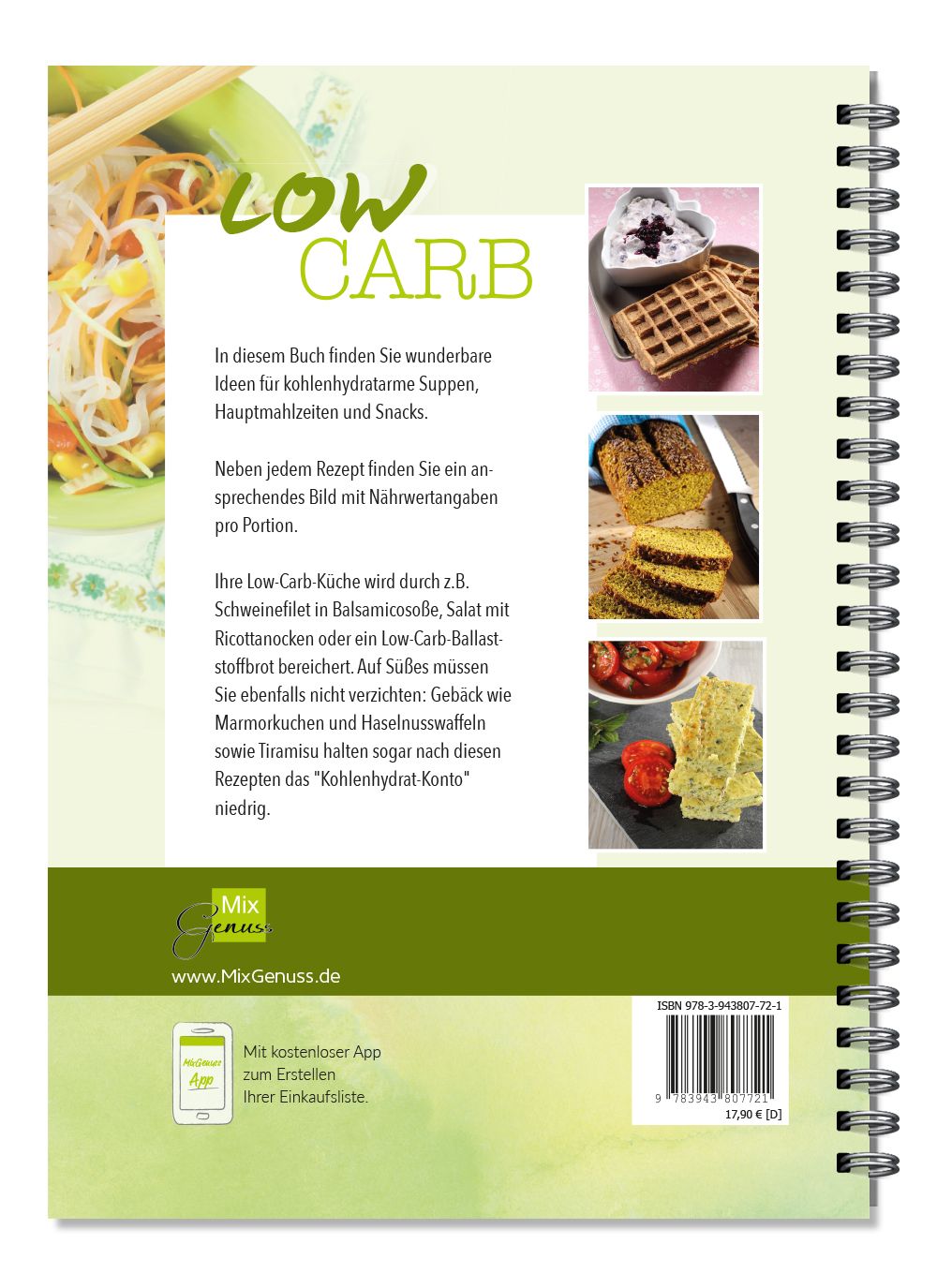 Rückseite eines Kochbuchs "LOW CARB". Text und Fotos von Gerichten. ISBN und Preisangabe.