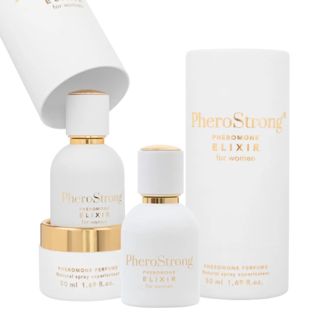 Drei Flaschen PheroStrong, eine in der Verpackung, eine daneben und eine weitere. Weiße Verpackung mit Produktinformationen.