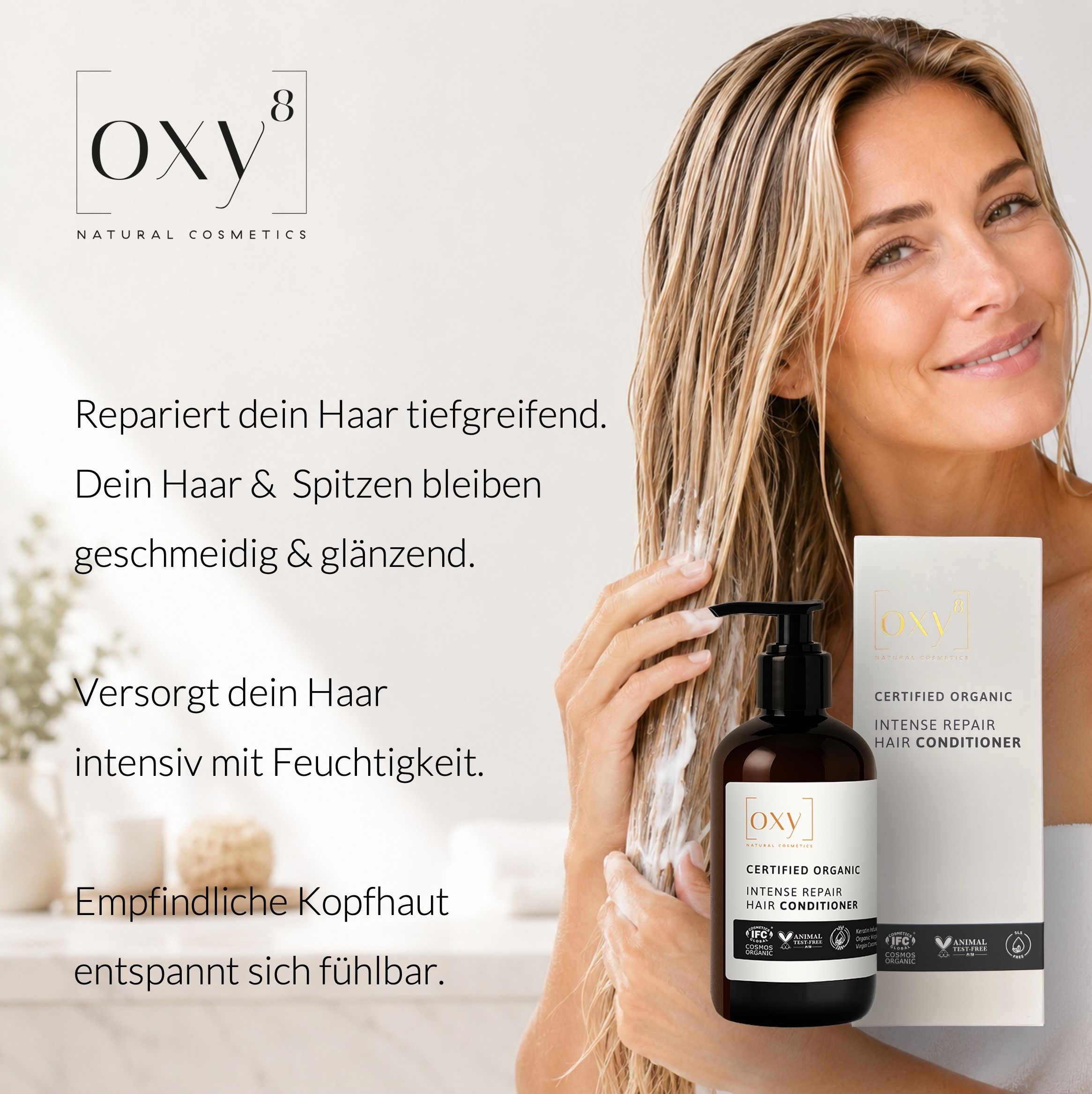 Frau mit blonden Haaren. Neben ihr eine Produktflasche und Verpackung. Text auf Deutsch.