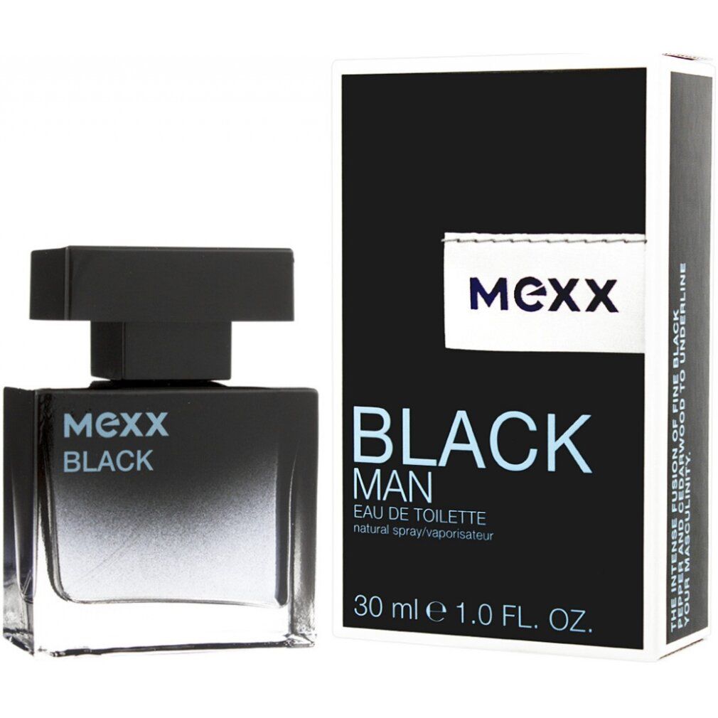 Schwarzer Flakon und Verpackung. Aufschrift "MEXX BLACK MAN" und "Eau de Toilette". 30 ml.