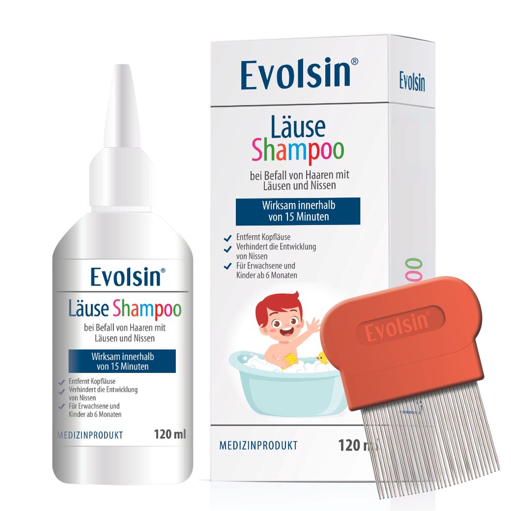 Shampoo-Flasche und Schachtel mit Produktnamen. Roter Läusekamm. 120 ml. Medizinprodukt.