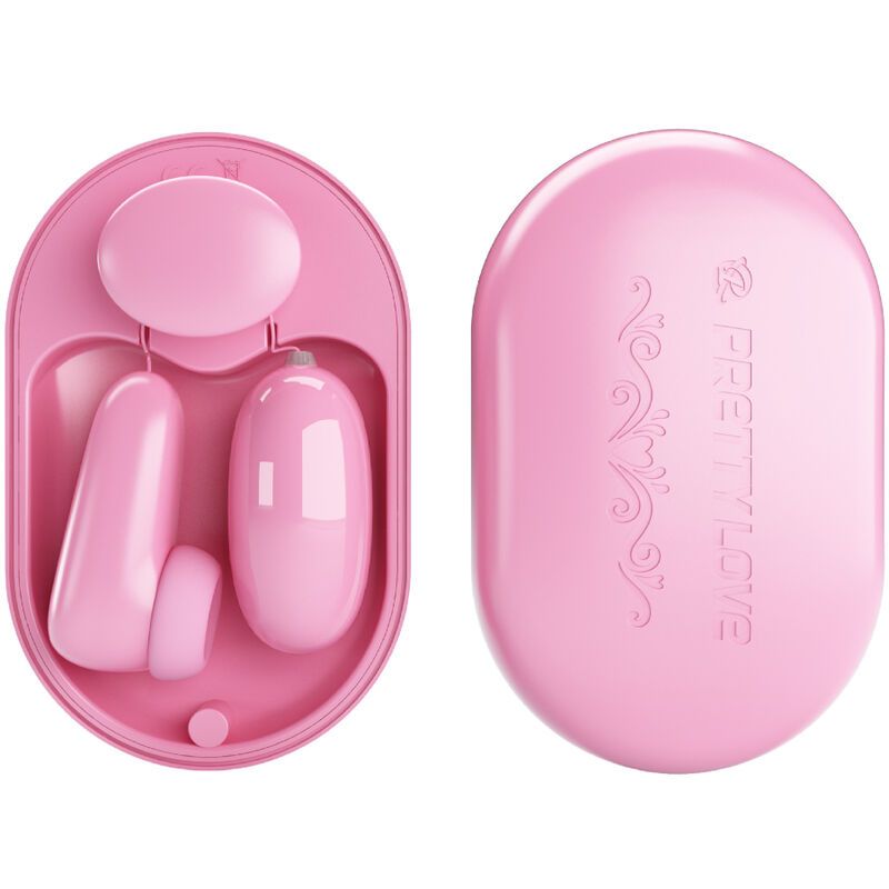 Rosa Set mit drei Teilen in einer ovalen Box. Enthält einen Vibrationsball, einen Klopfstimulator und einen weiteren Aufsatz.