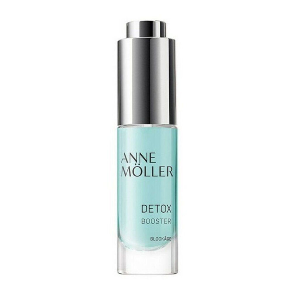 Anne Möller Detox Booster Flasche. Flasche mit silbernem Verschluss, hellblauem Inhalt. Produktname und Logo auf der Flasche.