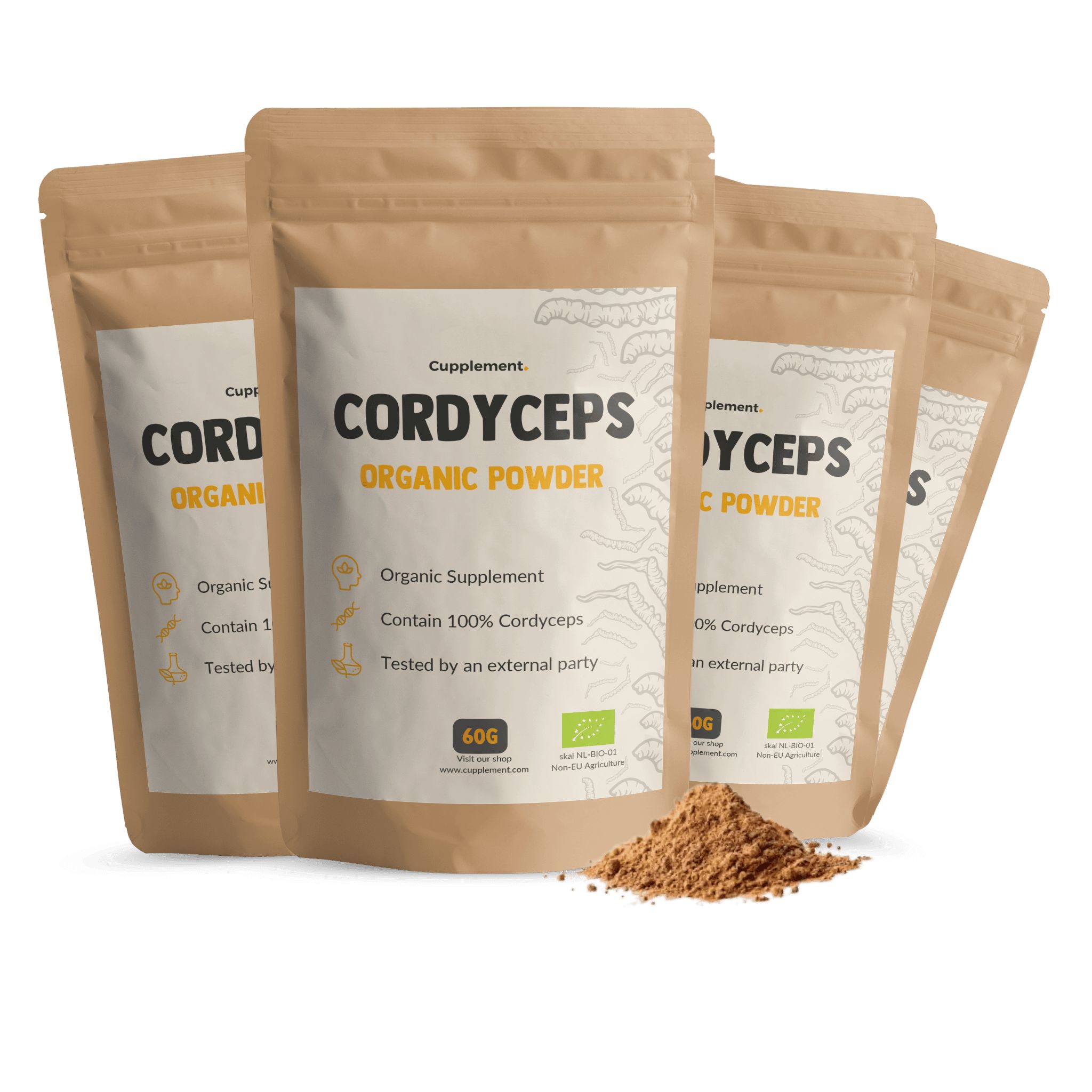 Beutel mit Cordyceps-Pulver. Aufschrift: Cordyceps Organic Powder. 60g. Bio-Siegel.