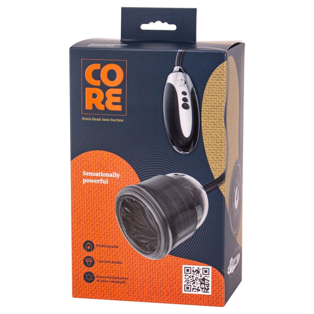 Verpackung mit Produktabbildung. Schwarze Pumpe und Steuerung. Text: CORE, Penis-Head Auto Suction. Orangefarbener Hintergrund.