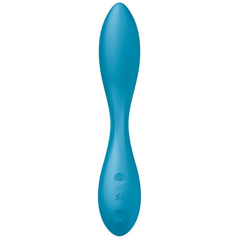 Türkisfarbener Vibrator mit gebogener Form. Zwei Knöpfe und ein Logo sind sichtbar. Das Produkt ist biegsam.