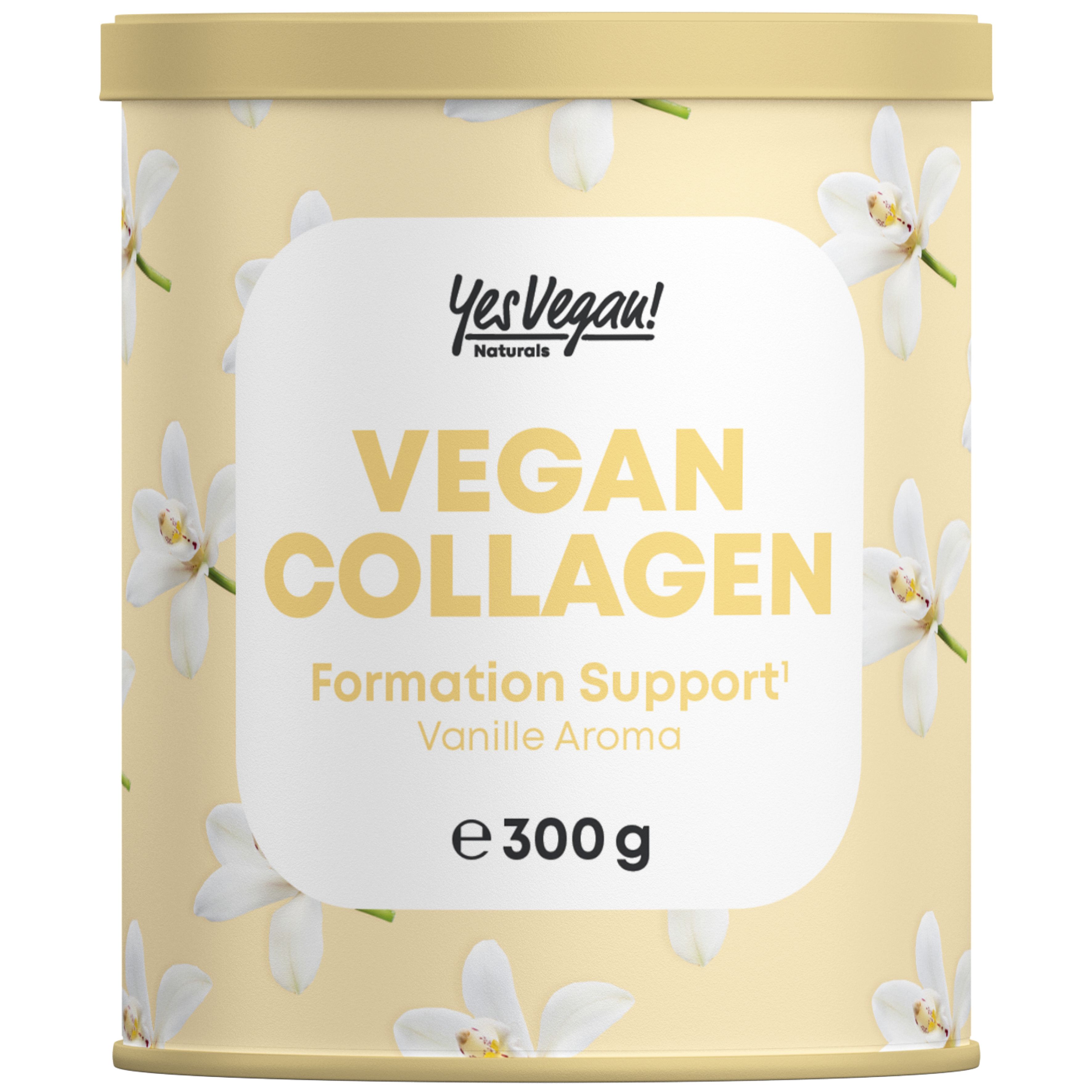Beige Dose mit Text: Yes Vegan, Vegan Collagen, Formation Support, Vanille Aroma, e 300g. Weiße Blütenmuster.