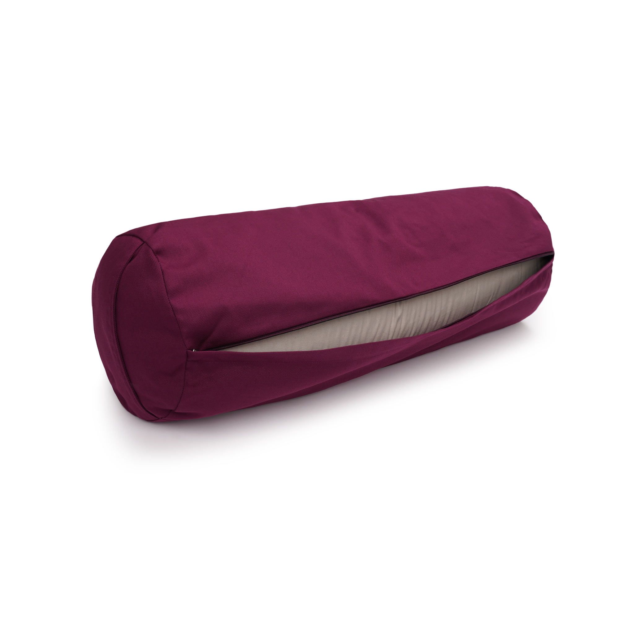 Auberginefarbenes Yoga Bolster, zylindrisch, mit geöffnetem Reißverschluss.