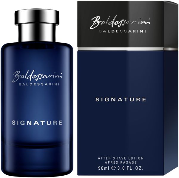 Dunkelblaue Glasflasche und passende Kartonverpackung für After Shave Lotion.