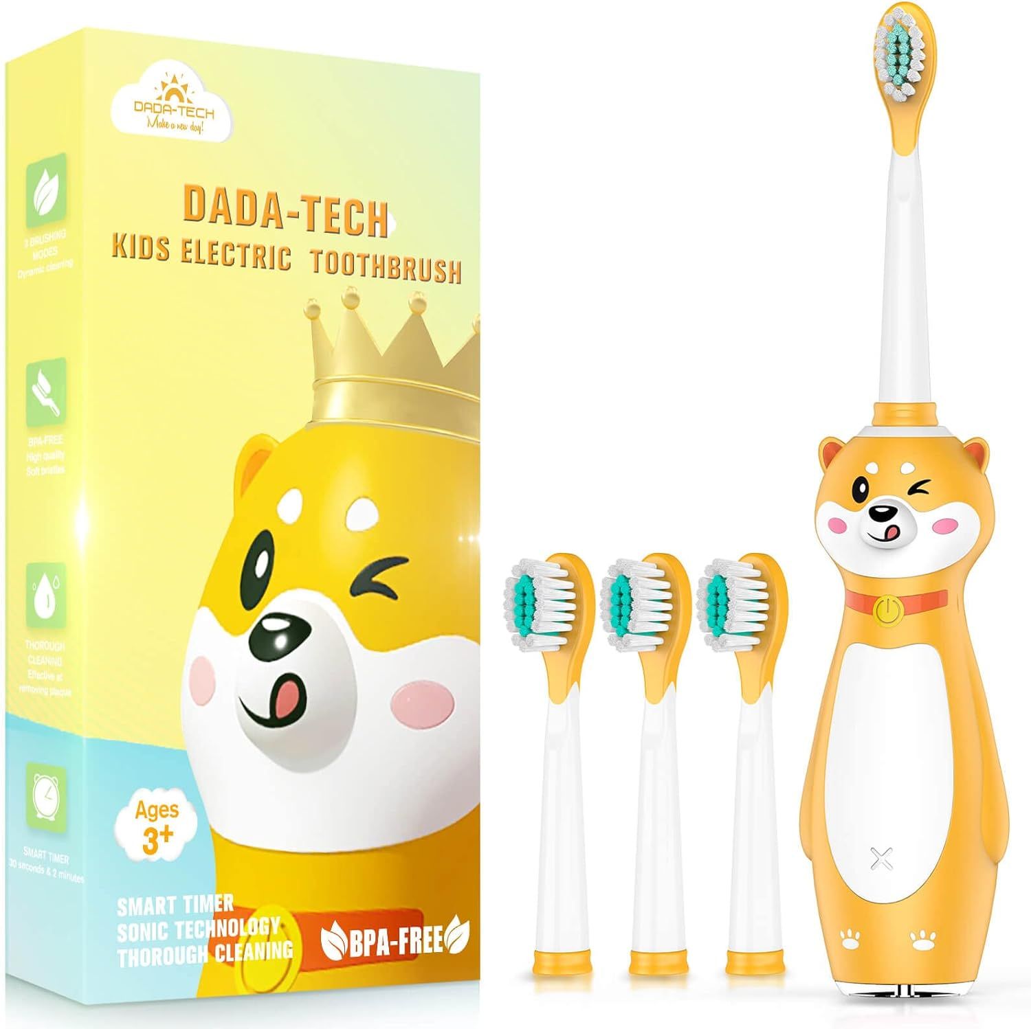 Elektrische Kinderzahnbürste mit gelbem Hundedesign, 3 Ersatzbürstenköpfen und Verpackung. Aufdruck: Dada-Tech, BPA-frei.