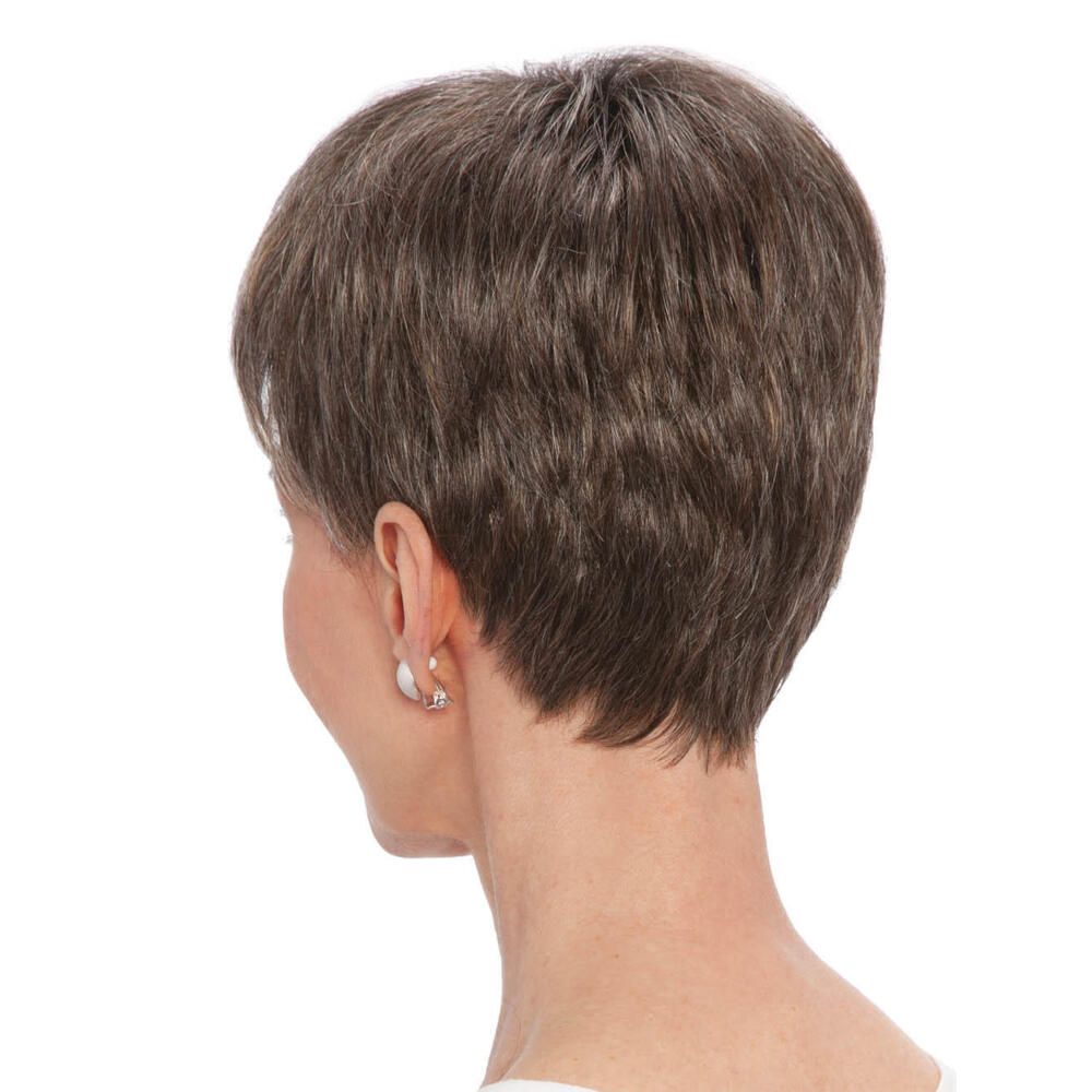 Rückansicht einer Kurzhaarperücke mit grauen Strähnen. Die Frisur bedeckt den Hinterkopf.