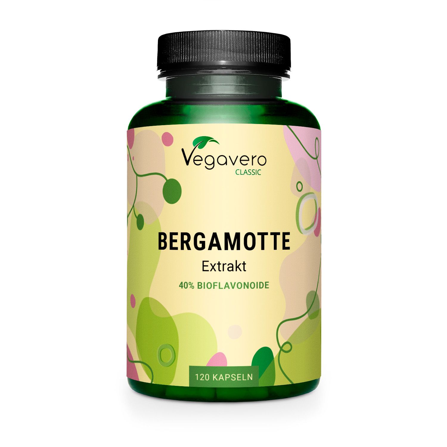 Grüne Flasche mit Kapseln. Aufschrift: Bergamotte Extrakt, 40% Bioflavonoide. 120 Kapseln. Vegavaro Classic.