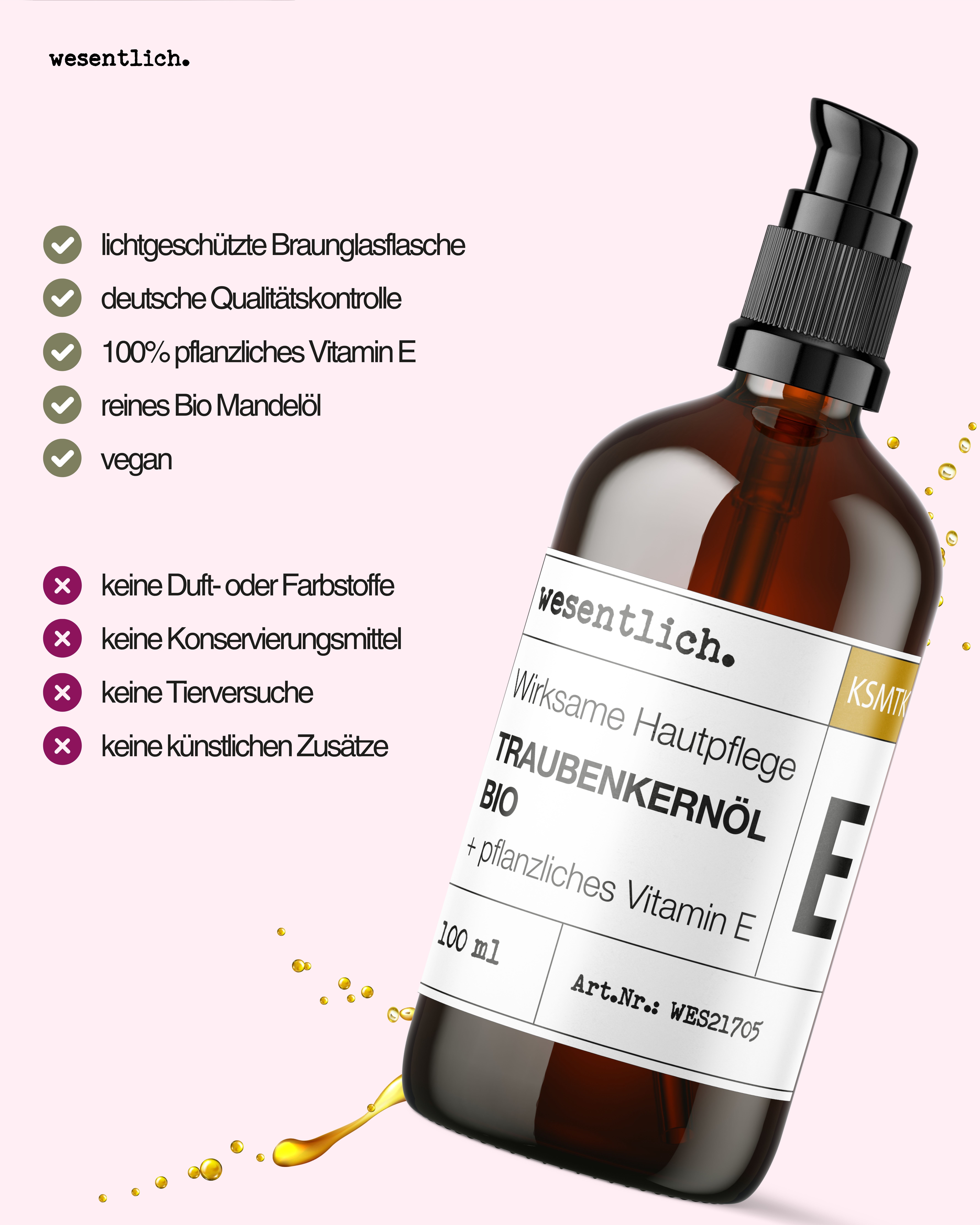 Braunglasflasche mit Pumpe. Etikett mit Produktinformationen: Traubenkernöl Bio + E. Zusätzliche Informationen auf pinkem Hintergrund.