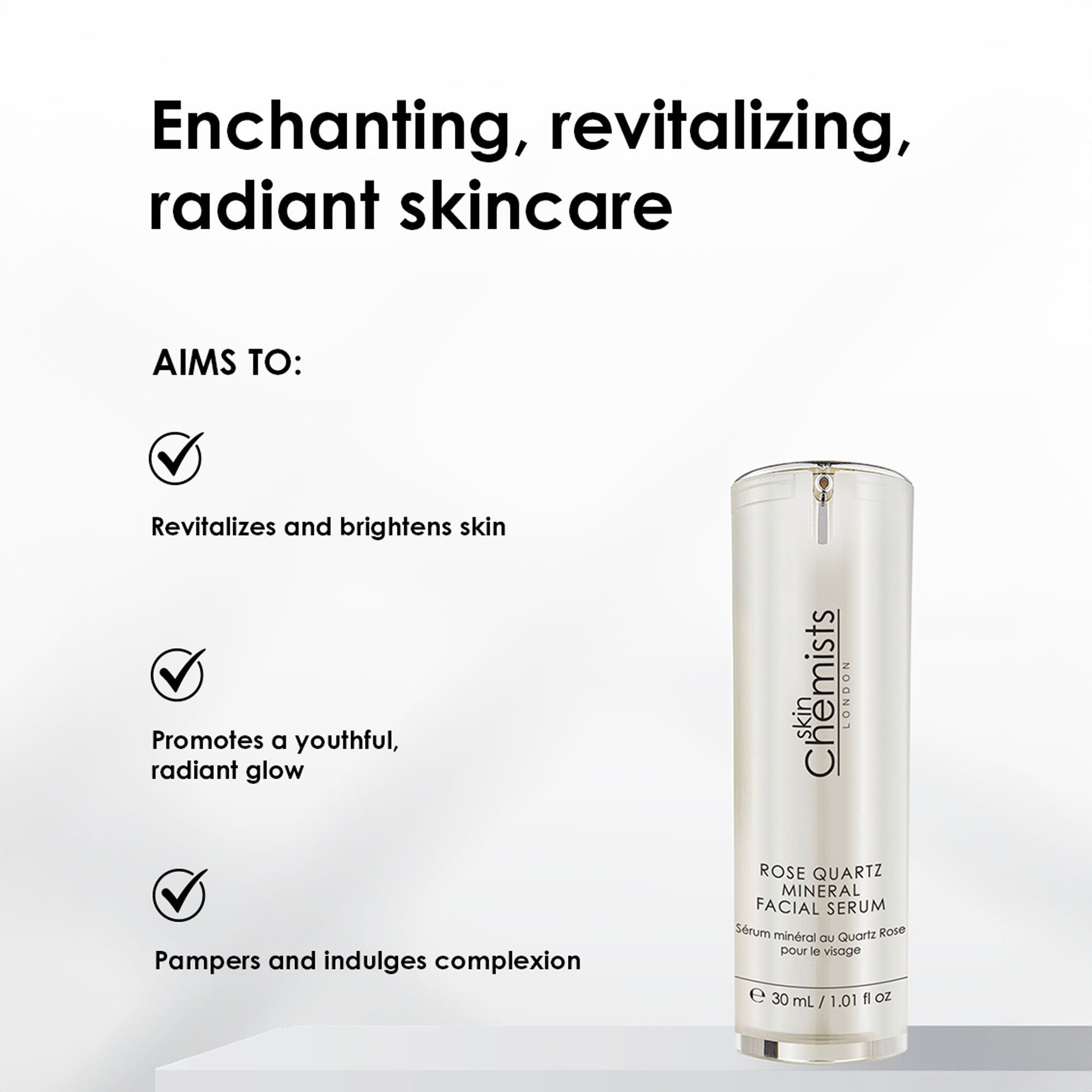 Serumflasche neben Icons und Text. Aufschrift: skinChemists London, Rose Quartz Mineral Facial Serum. Volumen: 30 ml / 1.01 fl oz.