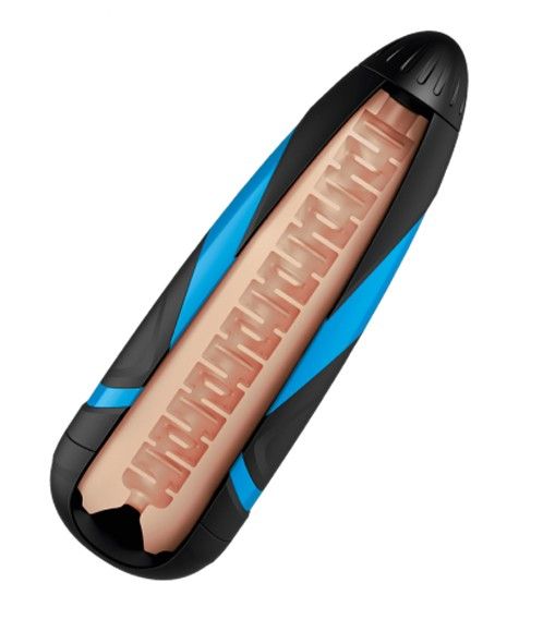 Sleeve mit Innenstruktur. Schwarz, blau und beige. Geformt für Intimgebrauch. Oberseite mit Rillen.