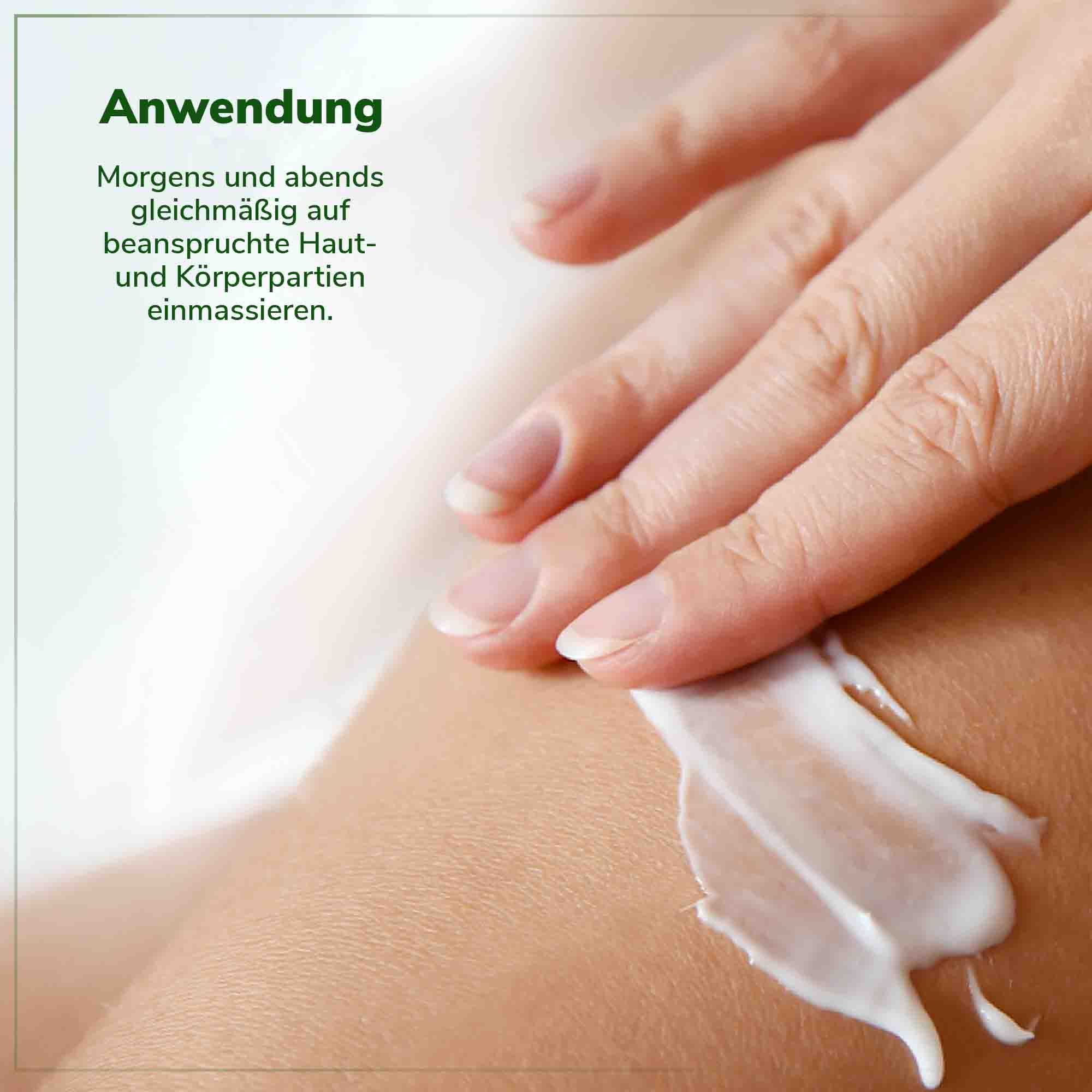 Hand trägt Creme auf Haut auf. Text: Morgens und abends gleichmäßig auf beanspruchte Hautpartien einmassieren.