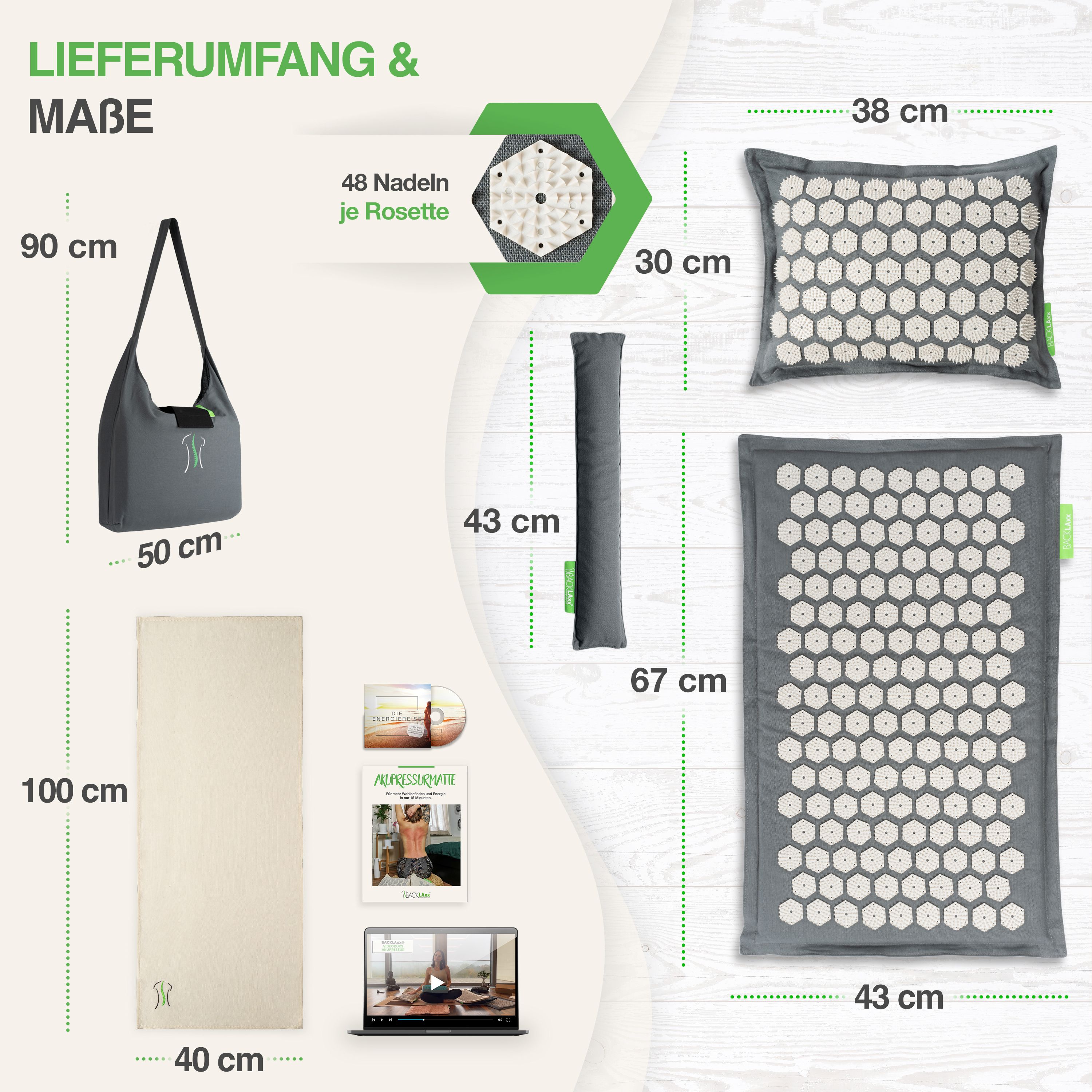 Akupressurmatten-Set mit Tasche, Kissen, Matte, Zubehör. Maße: Matte 100x40cm, Kissen 38x30cm, Tasche 90x50cm. 48 Nadeln/Rosette.