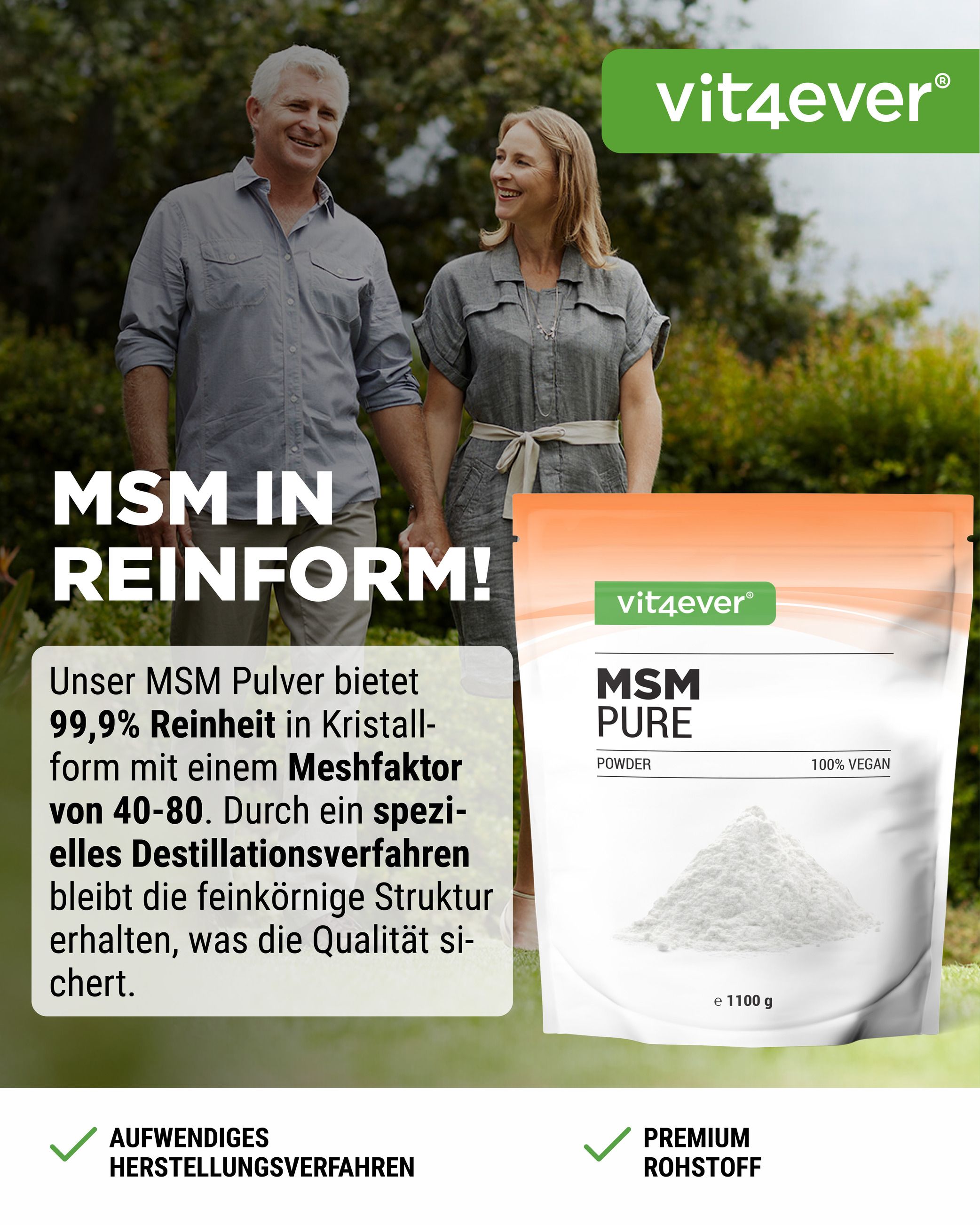 Werbeanzeige mit "vit4ever"-Produkt. MSM-Pulver-Beutel, daneben Text und ein älteres Ehepaar.