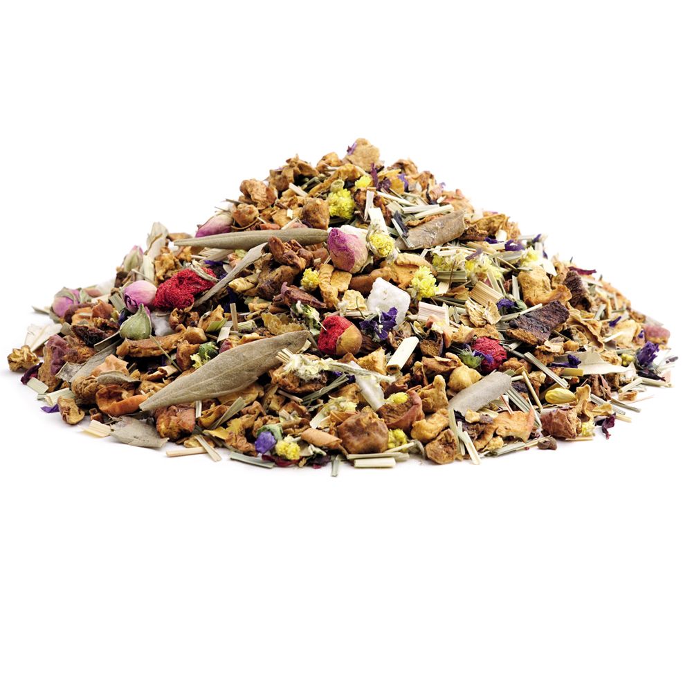 Haufen von Früchtetee-Mischung. Verschiedene getrocknete Früchte, Blüten und Kräuter. Keine Verpackung oder Beschriftung sichtbar.