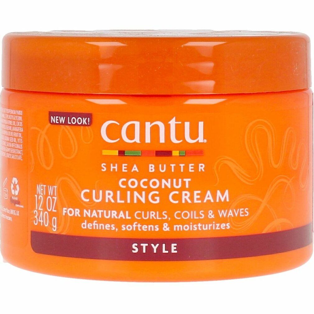 Orangefarbener Tiegel mit Cantu Shea Butter Coconut Curling Cream. Text: Für natürliche Locken, definiert, macht weich und spendet Feuchtigkeit.