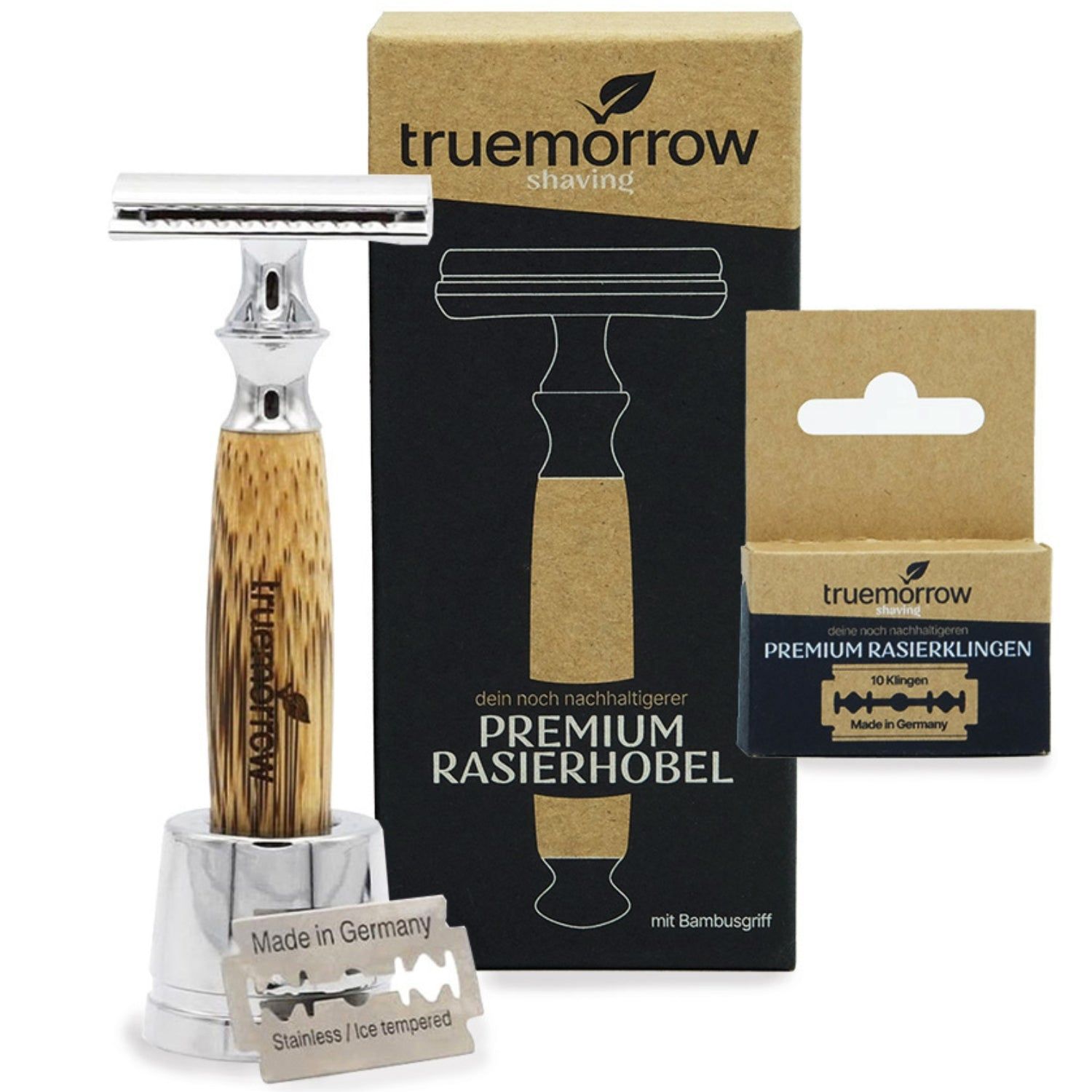 Rasierhobel-Set mit Rasierhobel, Ständer, Klingen und Verpackung. Bambusgriff, Klingen aus Edelstahl. Marke: truemorrow.