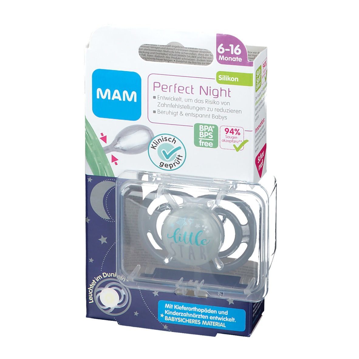 MAM Perfect Night 6+ Schnuller in Verpackung. Silikon, BPA/BPS-frei. Aufschrift 'little star'. Verpackung mit Produktinformationen.