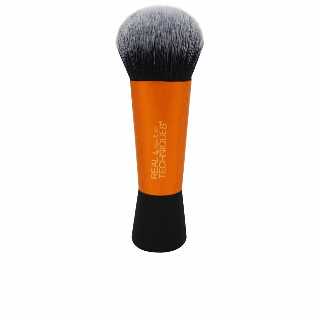 Mini Expert Face Brush. Orangefarbener Griff mit schwarzem Sockel. Schwarze und graue Borsten. Marke Real Techniques.