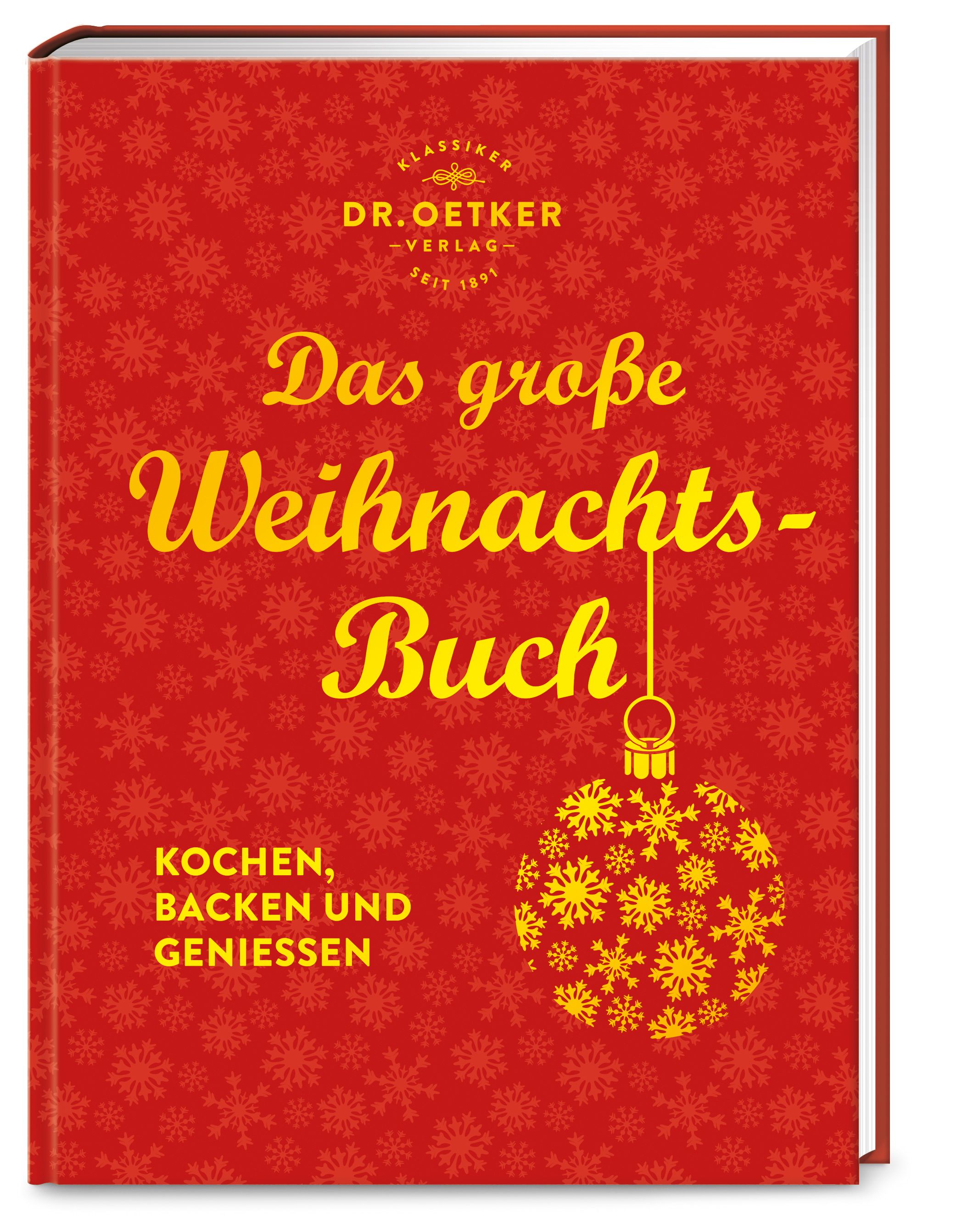 Buch mit rotem Einband und gelbem Schriftzug. Titel: Das große Weihnachts-Buch. Logo: Dr. Oetker Verlag. Motiv: Christbaumkugel.