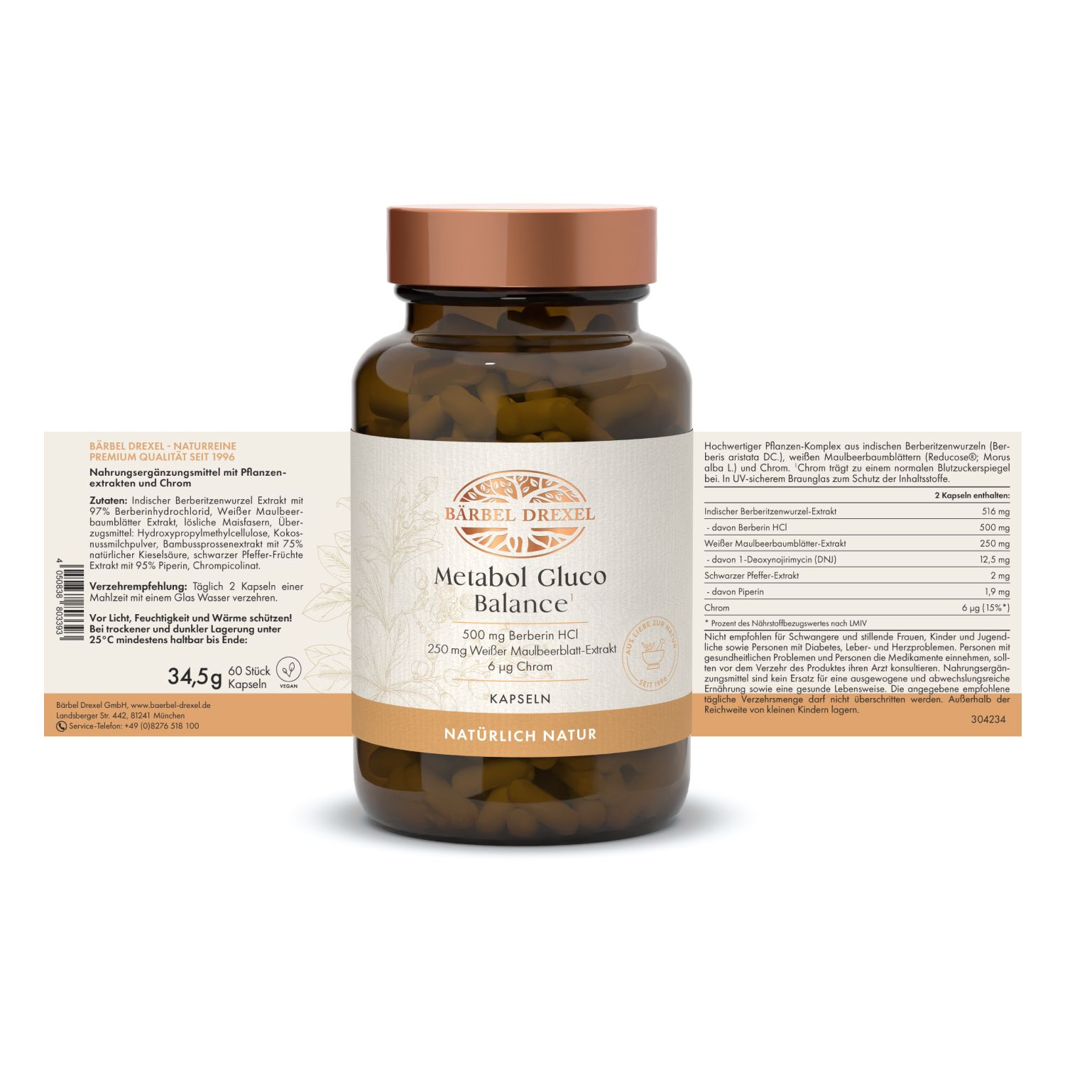 Braune Glasflasche mit Kapseln. Etikett mit Produktnamen, Inhaltsstoffen und Logo. Zusätzliche Etiketten mit Informationen.