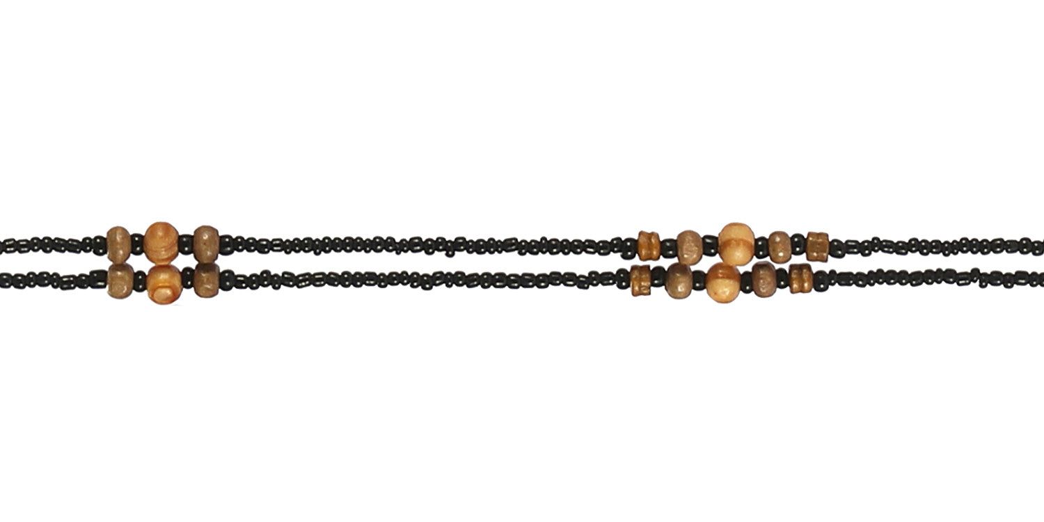 Brillenkette mit schwarzen Perlen und Holzperlen. Metallschlaufen zur Befestigung an der Brille.