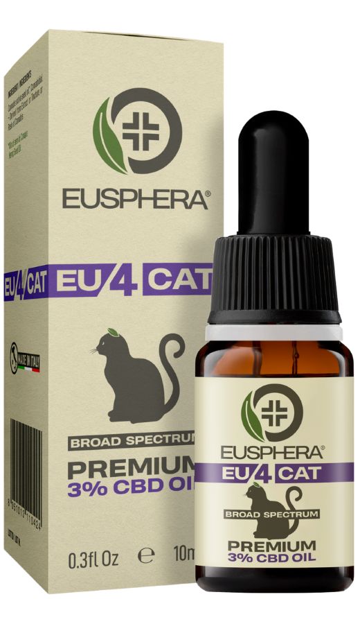 Braune Glasflasche mit schwarzem Deckel und Pipette. Karton mit Logo und Text: EU4CAT, 3% CBD Öl.