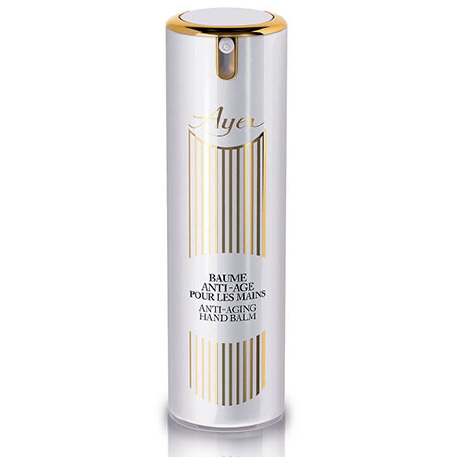 Weißer Zylinder mit goldfarbenen Akzenten. Aufschrift: Ayer, Baume Anti-Age pour les Mains, Anti-Aging Hand Balm.