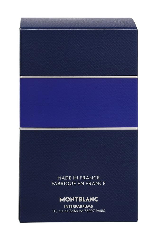 Rückseite des blauen Kartons. Made in France. Montblanc Interparfums. Adresse.