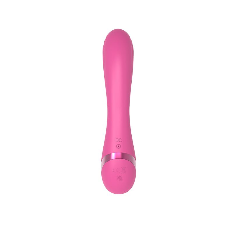 Rosa Vibrator mit G-Punkt- und Kaninchen-Design. Mit abgerundeter Spitze und einem kleineren, gebogenen Teil.