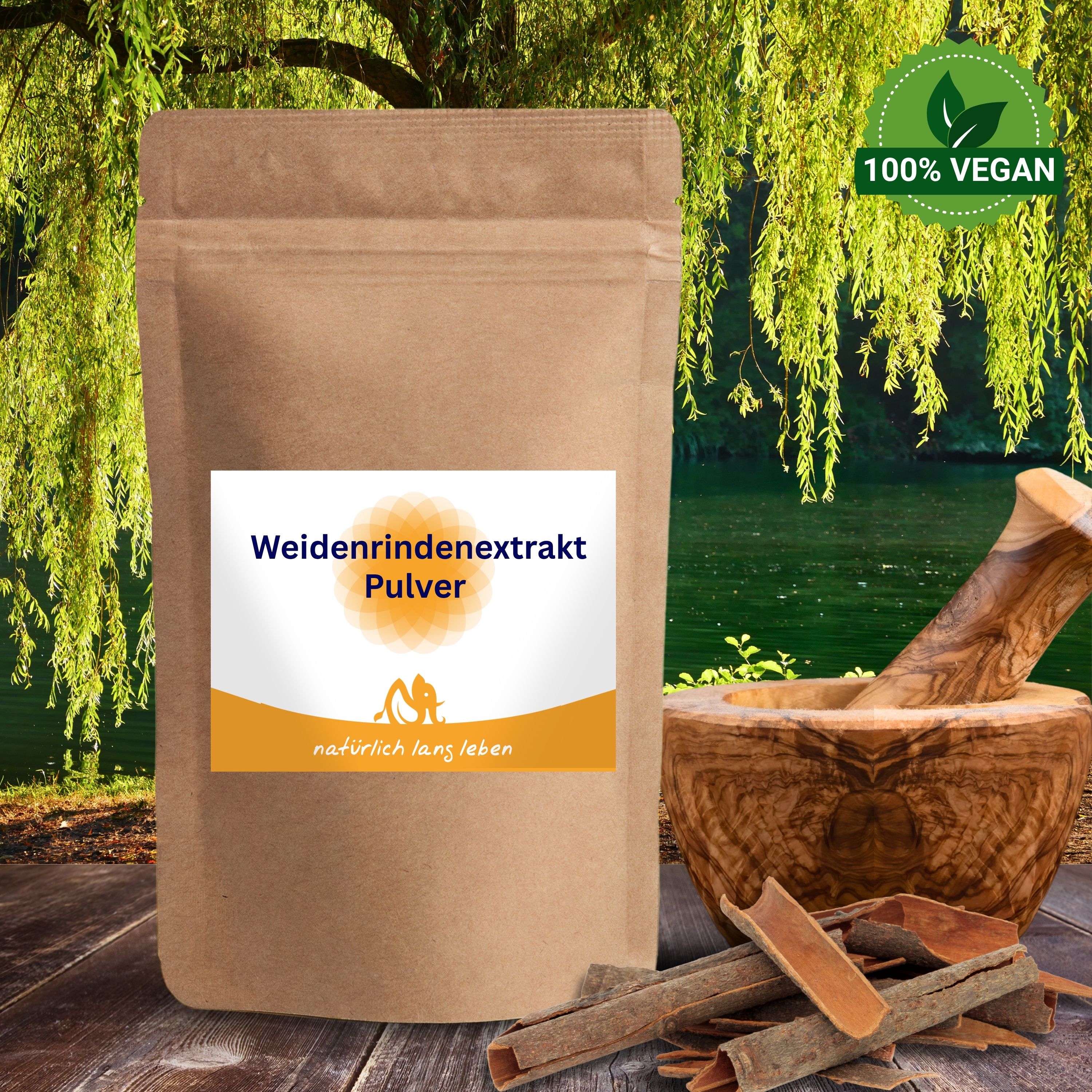 Braune Pulverpackung mit Etikett. Aufschrift: Weidenrindenextrakt Pulver. Logo und Schriftzug: natürlich lang leben. 100% Vegan.