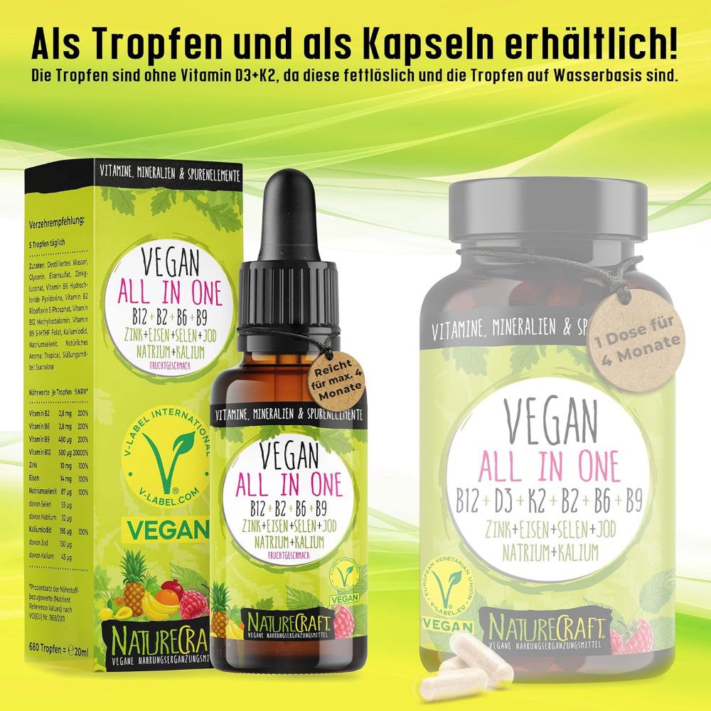 Produktflasche und Kapseln. Aufschrift: Vegan All in One, V-Label, NatureCraft. Enthält Vitamine und Mineralien. Mit Verpackung.