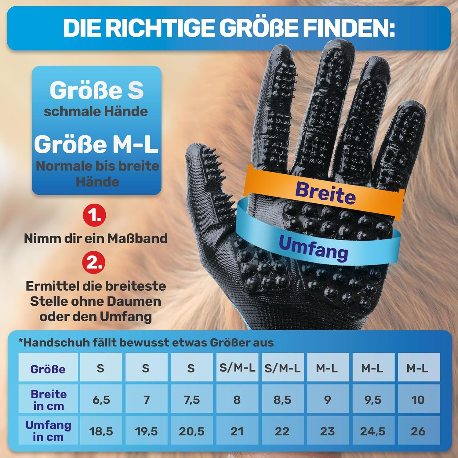 Schwarzer Fellpflegehandschuh mit Noppen. Größen S und M-L. Tabelle mit Größenangaben in cm für Breite und Umfang.