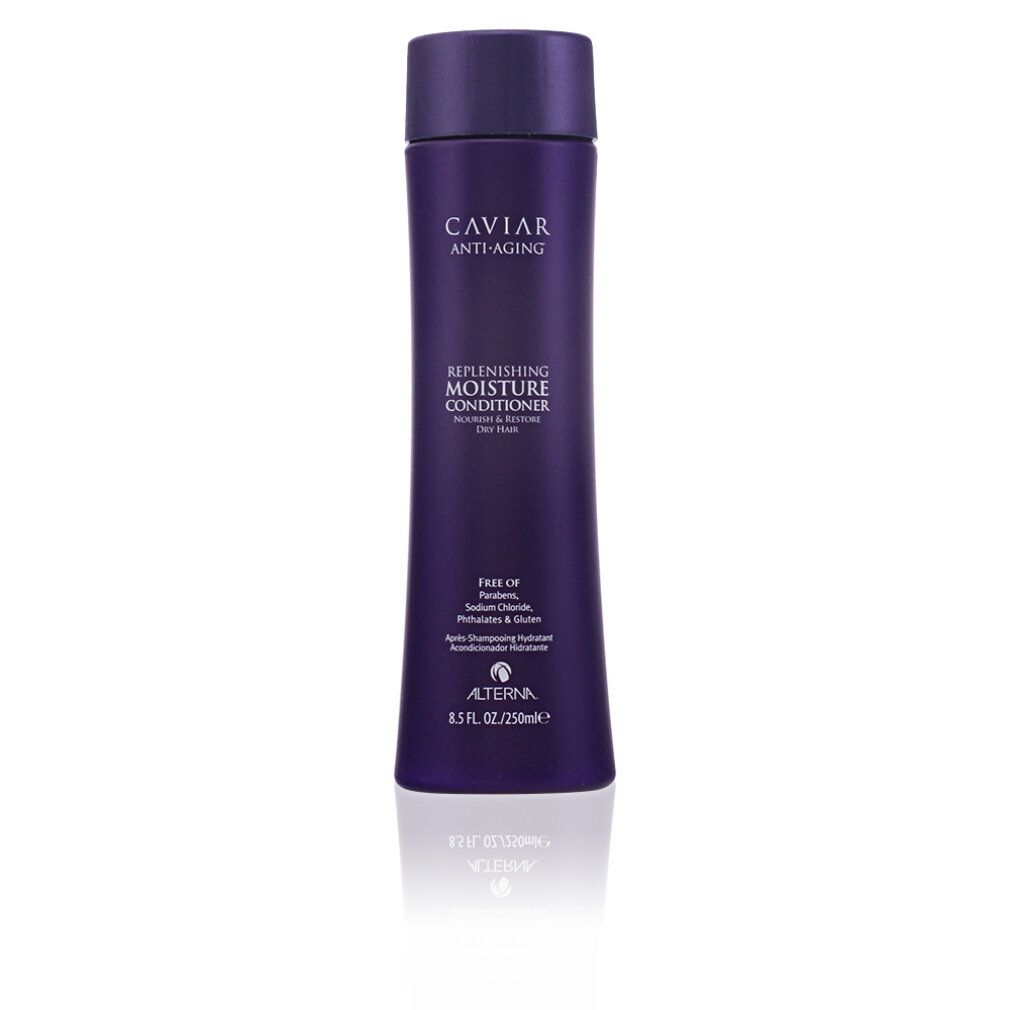 Dunkelvioletter Flakon mit dunklem Verschluss. Alterna Caviar Anti-Aging Feuchtigkeitsconditioner.