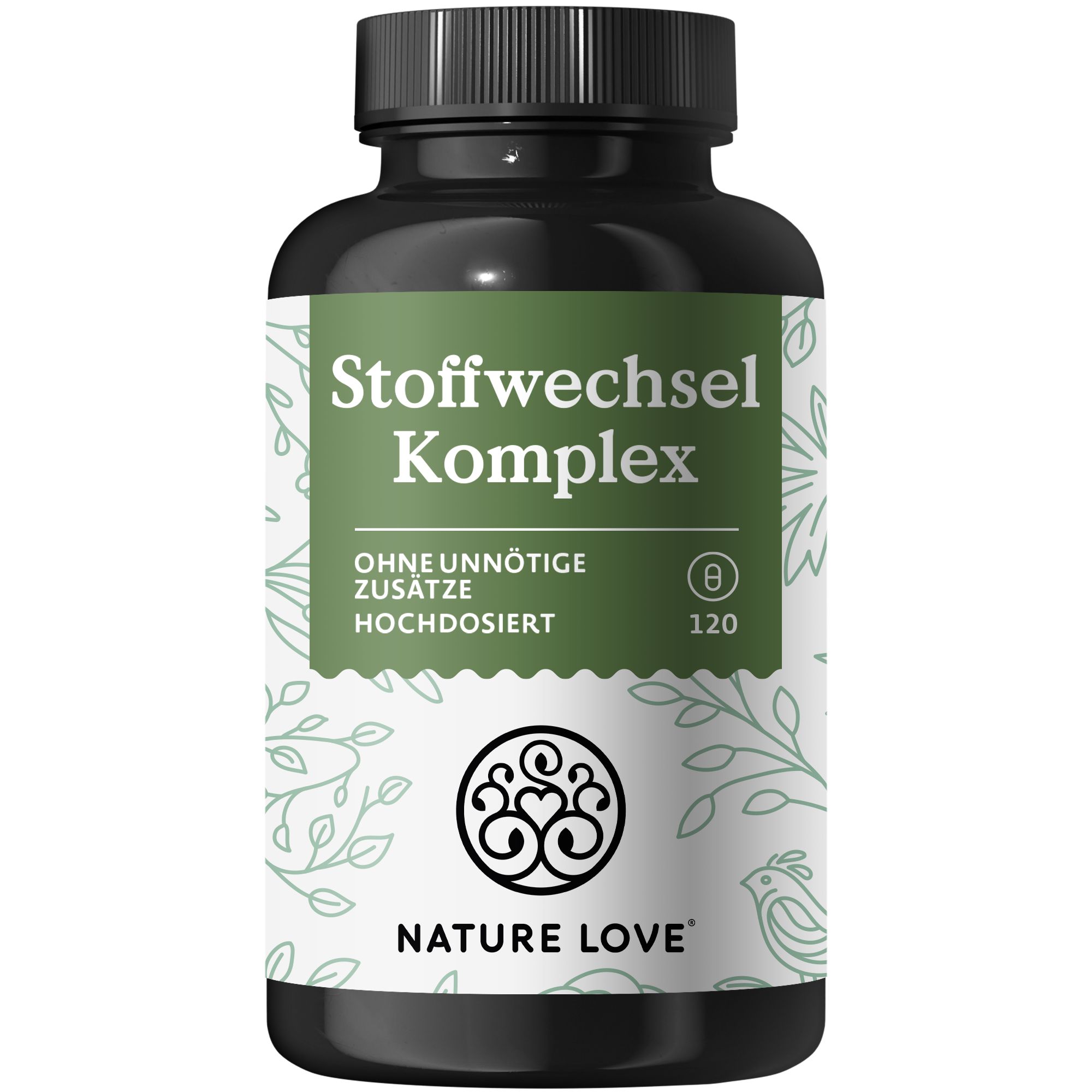 Dunkle Flasche mit grünem Etikett. Aufschrift: Stoffwechsel Komplex, ohne unnötige Zusätze, hochdosiert. 120 Kapseln. NATURE LOVE® Logo.