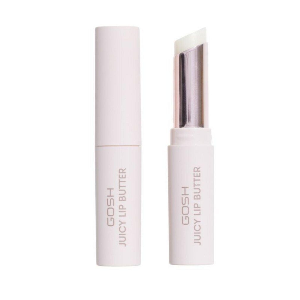 Weißer Lippenbalsam-Stift, geöffnet und geschlossen. Aufschrift: GOSH JUICY LIP BUTTER.
