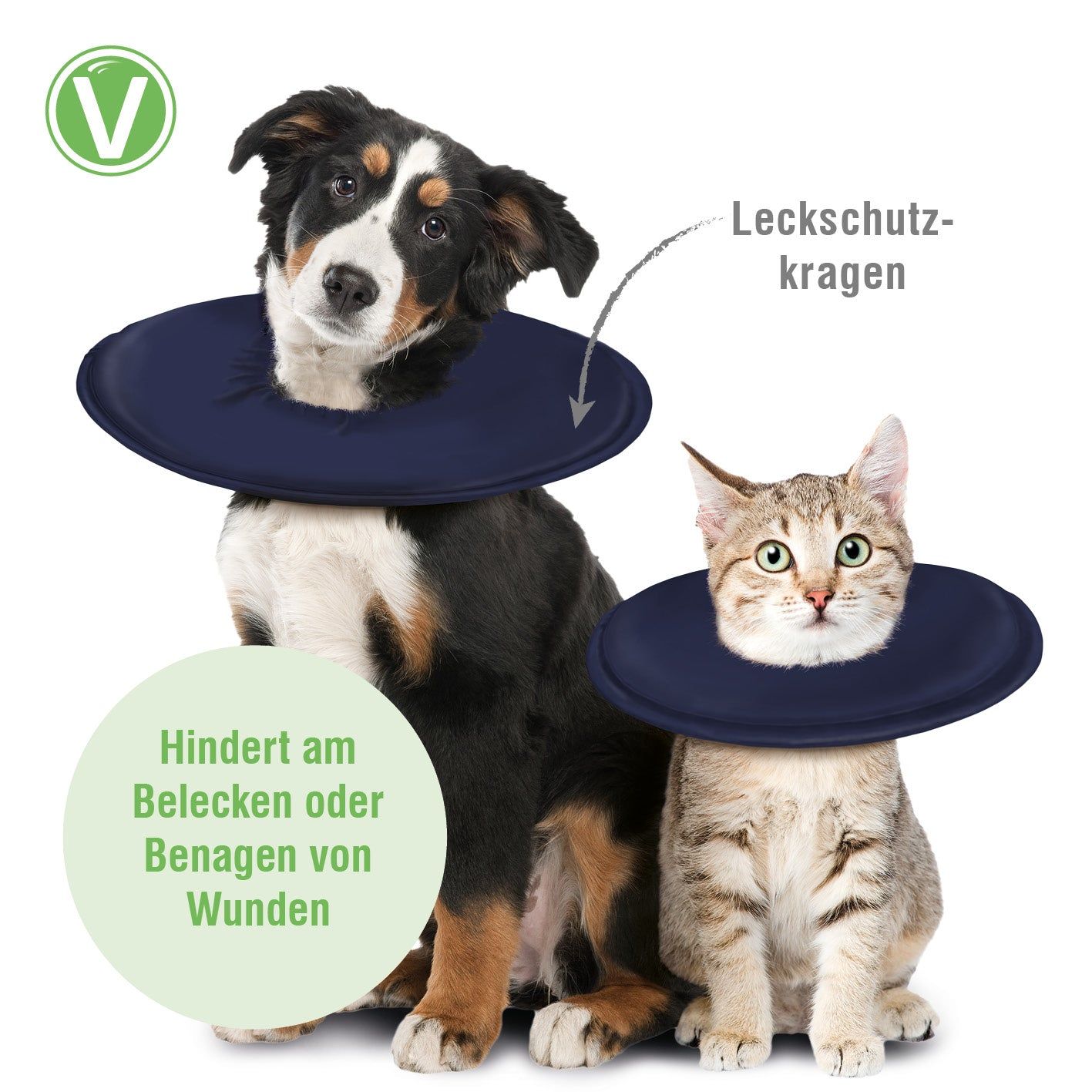 Hund und Katze mit blauen Leckschutzkragen. Text: Hindert am Belecken oder Benagen von Wunden. Logo.