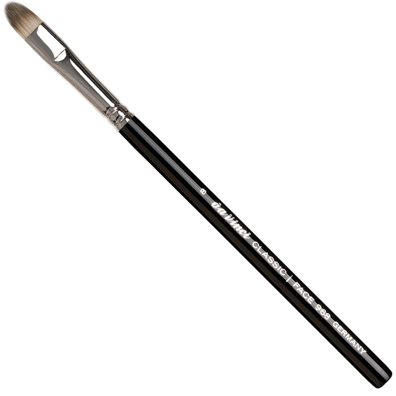Concealerpinsel mit schwarzem Stiel, silberner Zwinge und ovalem Pinselkopf. Auf dem Stiel steht "da vinci CLASSIC FACE 968 GERMANY".
