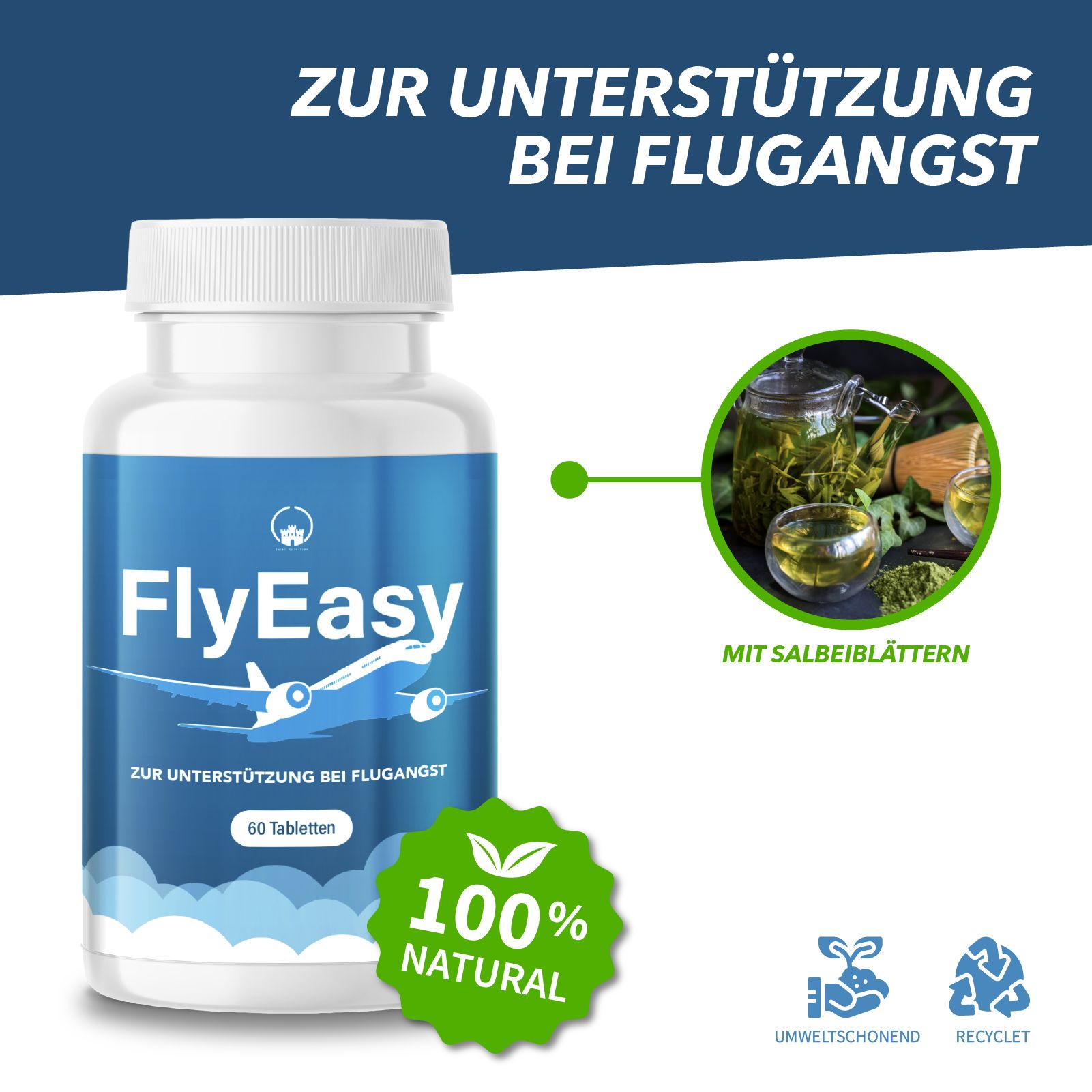 Weiße Flasche mit blauem Etikett, FlyEasy, 60 Tabletten. 100% Natural-Siegel. Illustrationen von Kräutern und Gläsern.
