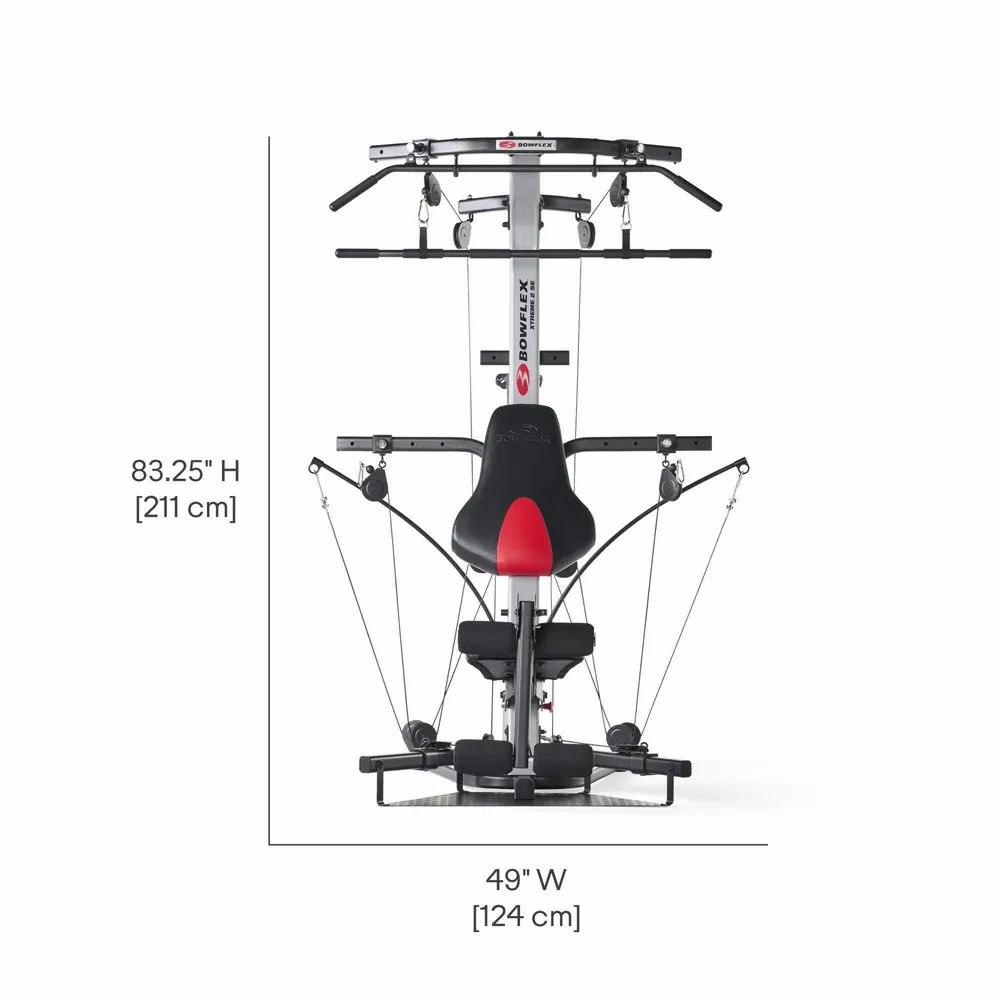 Fitnessgerät mit Maßen: 83,25" H (211 cm), 49" B (124 cm). Graue und schwarze Elemente. Marke Bowflex.
