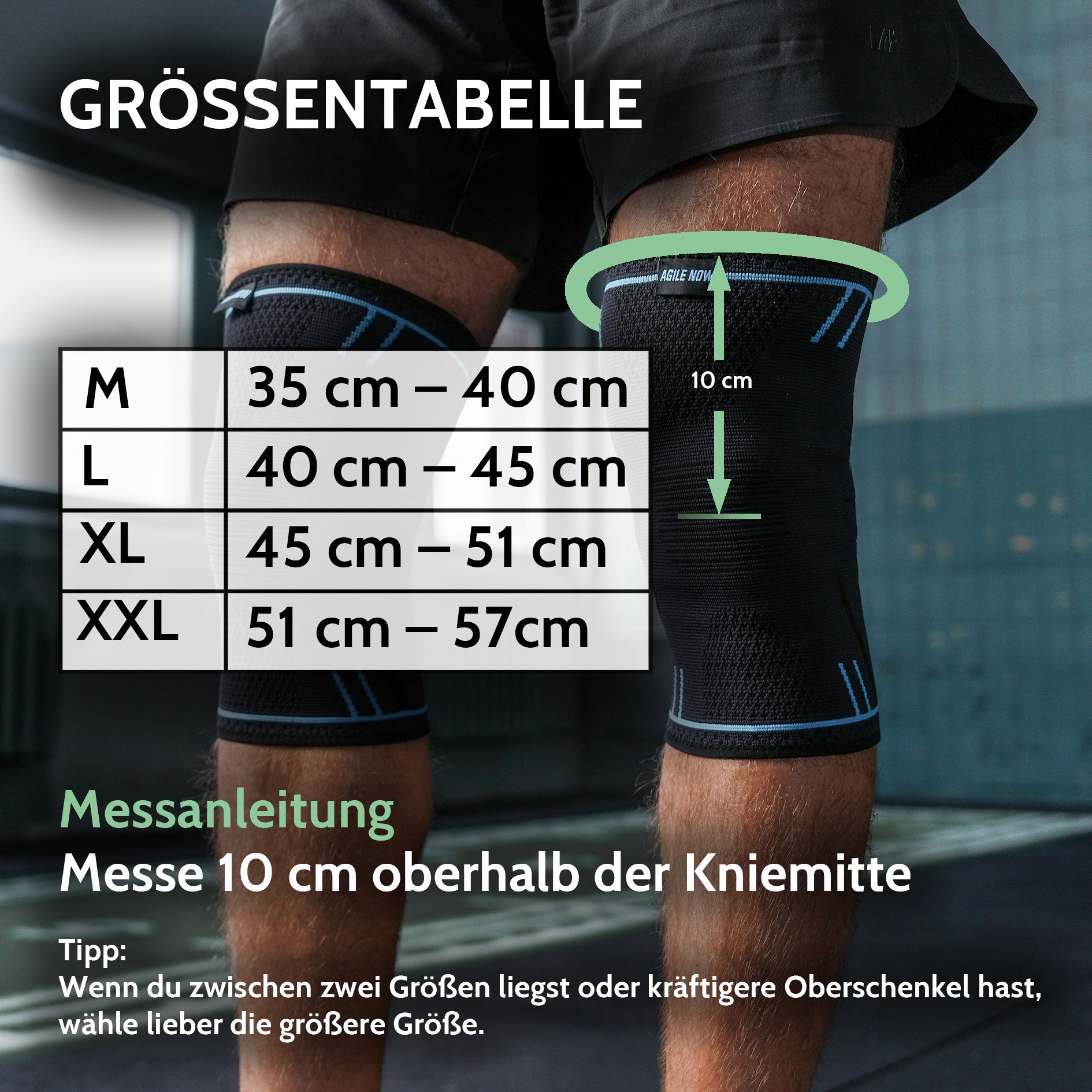 Größentabelle für Kniebandagen. Größen M, L, XL, XXL. Messanleitung: 10 cm oberhalb der Knie. Text: Messanleitung, Tipp.