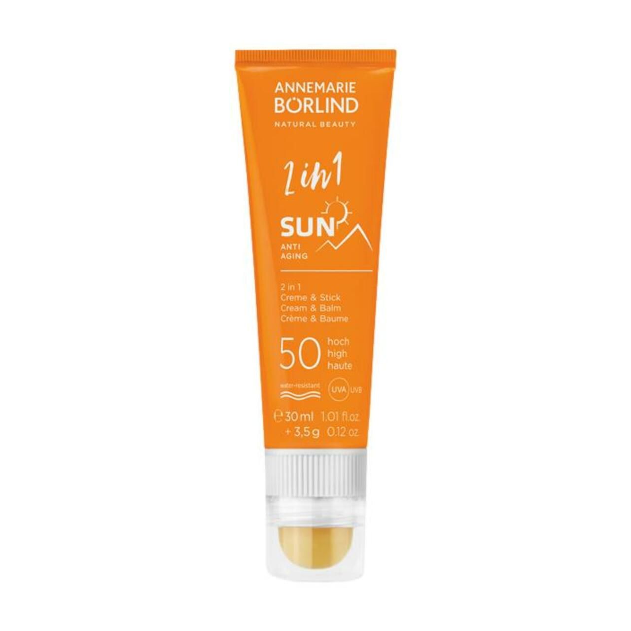 Orange Tube mit Sonnencreme und Stick. Text: 2in1 SUN Anti-Aging, LSF 50. Unten: 30ml, 3,5g.