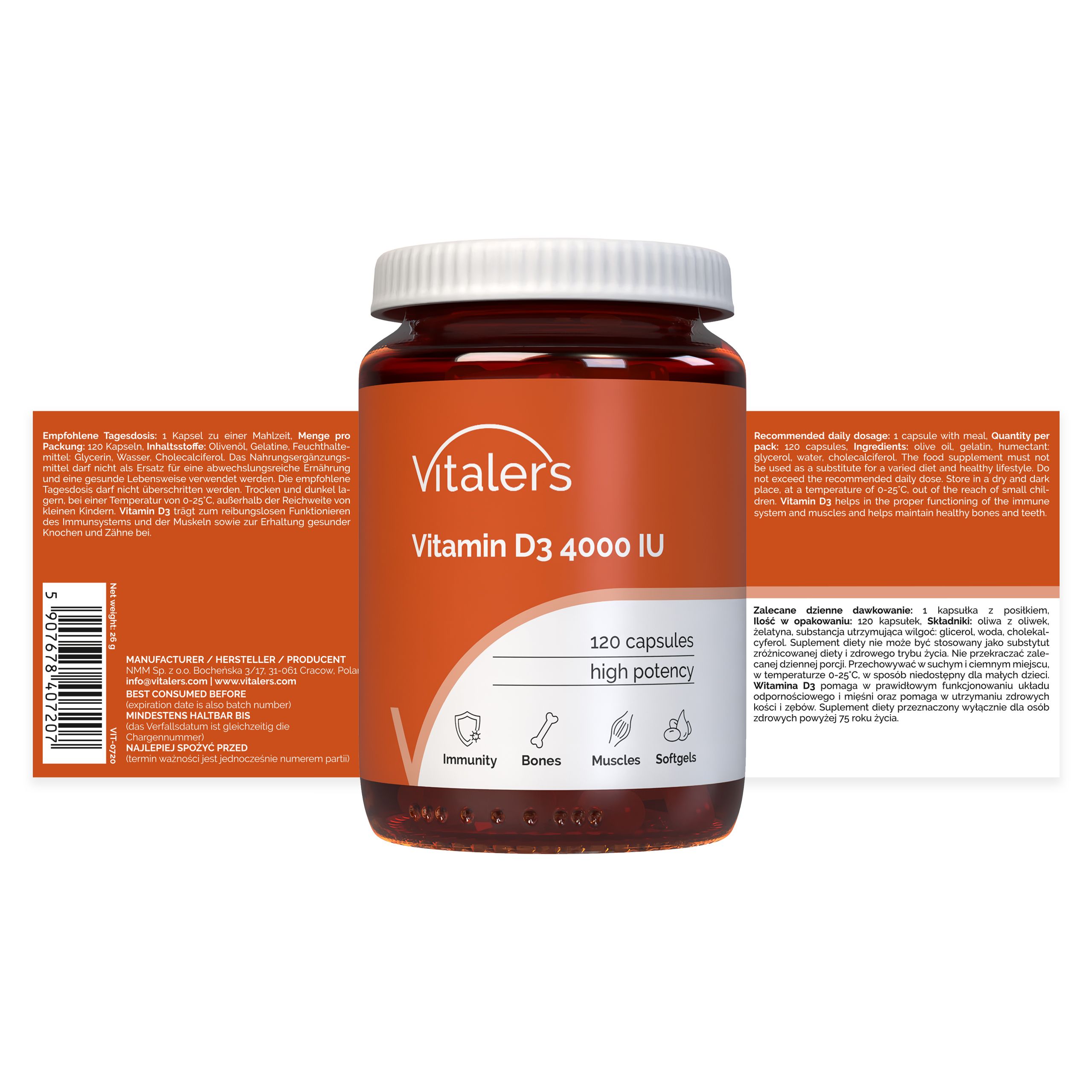 Braune Flasche und Verpackung. Aufschrift: Vitalers Vitamin D3 4000 IE. 120 Kapseln. Symbole für Immunität, Knochen, Muskeln, Softgels.